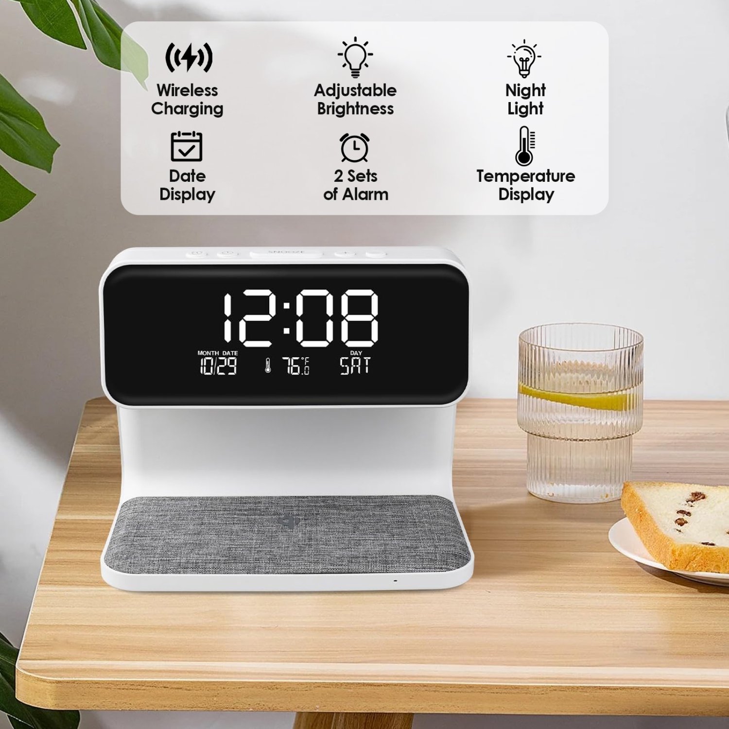 3 in 1 Bedside Lamp Wireless Charging Fabric Base Alarm Clock Night Light