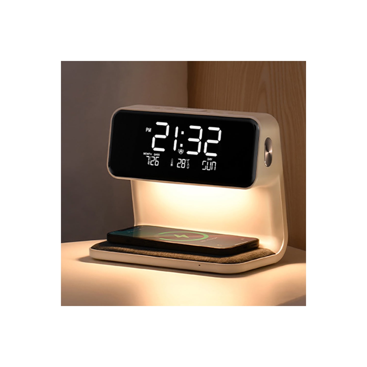 3 in 1 Bedside Lamp Wireless Charging Fabric Base Alarm Clock Night Light