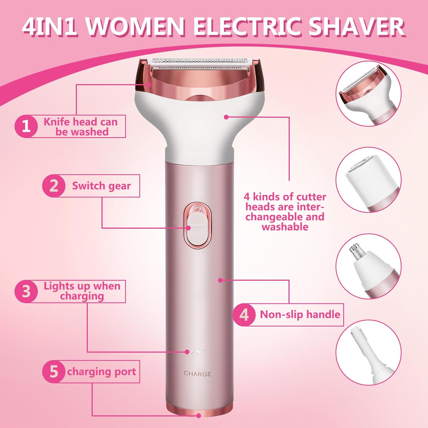 Electric Razor for Women Removal Women's Cordless Portable 4 in 1 Painless Shaver,​for Body Face Shavers Nose Hair Trimmer Bikini Area Armpit