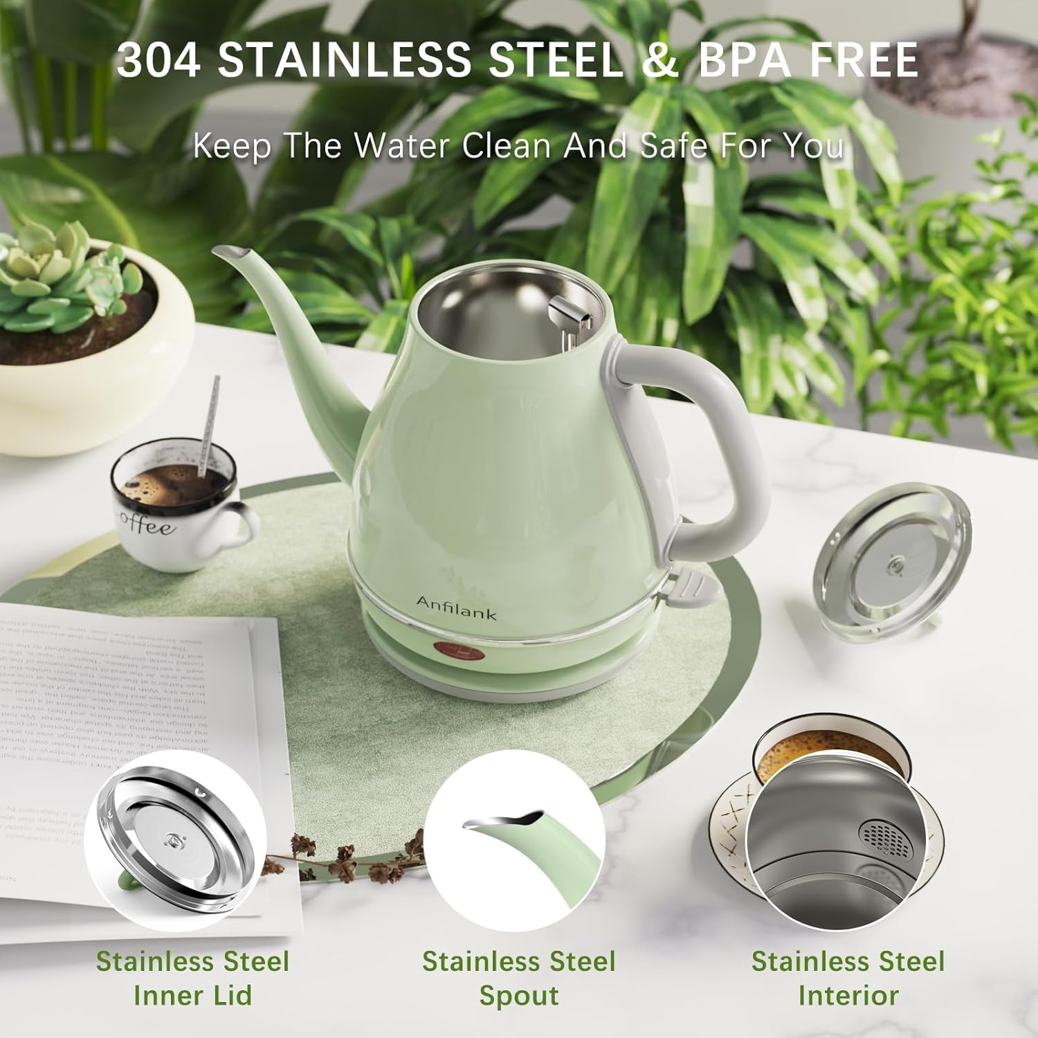 Anfilank Electric Gooseneck Kettle, 1L 1500W Fast Boil, Stainless Steel, Green