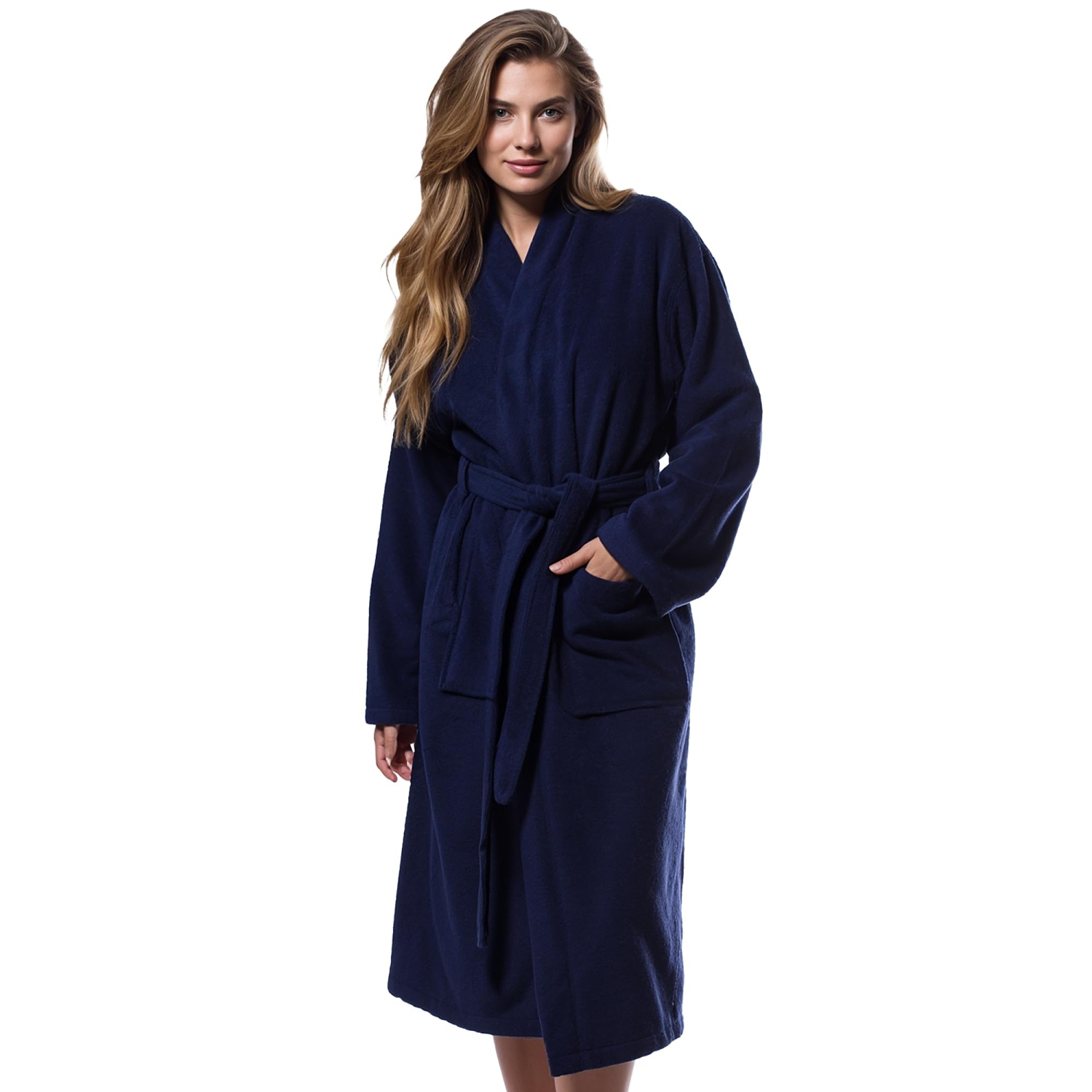 Canadian Linen Luxury Velour Soft Absorbent Cotton Kimono Women Bathrobes Bath Shower Soft Plush for Hotel Spa Massage Resorts Robes, Large, Navy Blue