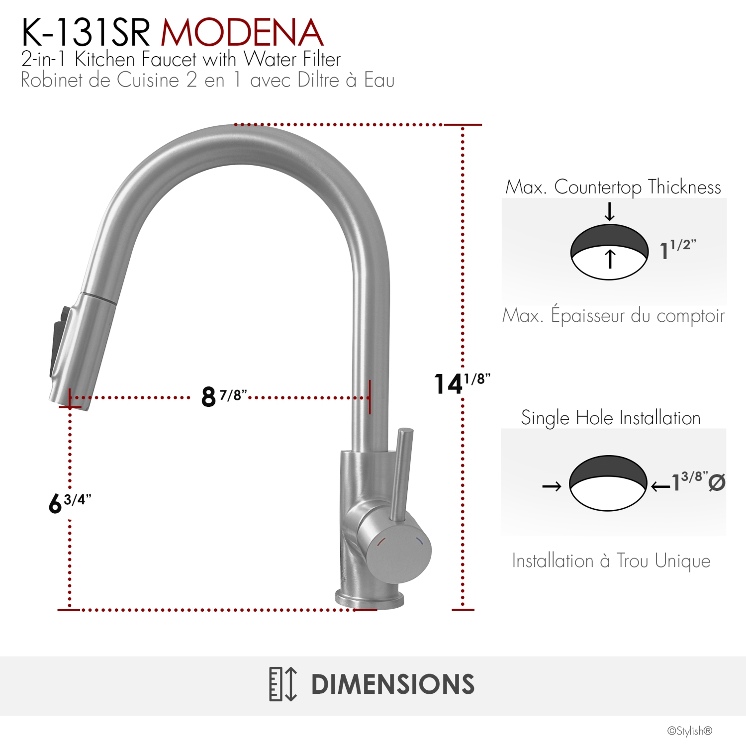 Modena Single Handle Brushed Stainless Steel Pull Down Kitchen Faucet with Reversible Osmosis
