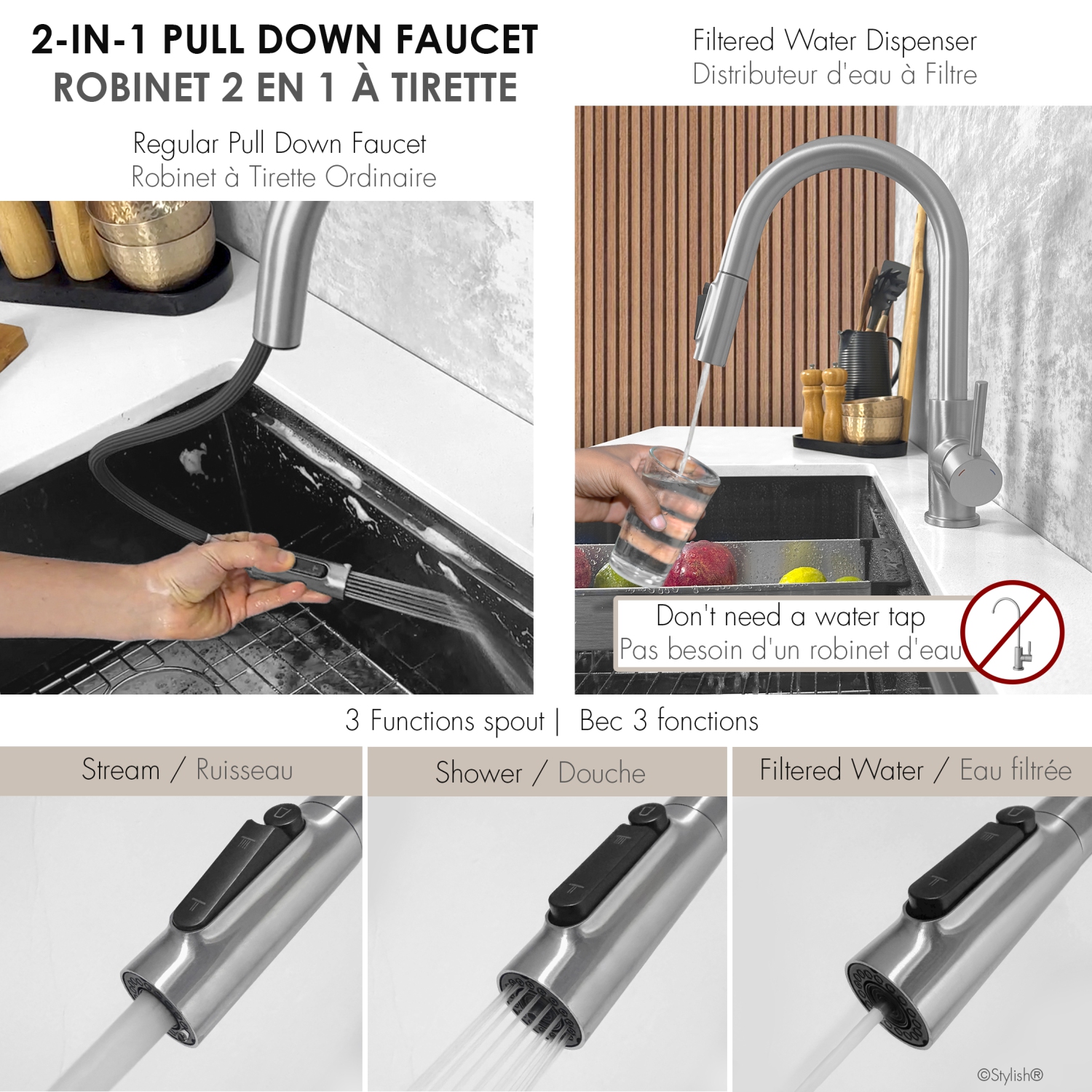 Modena Single Handle Brushed Stainless Steel Pull Down Kitchen Faucet with Reversible Osmosis