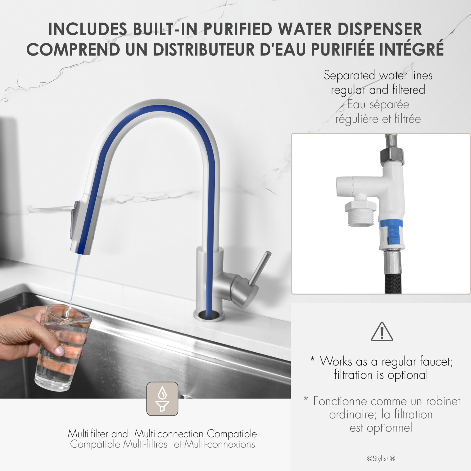 Modena Single Handle Brushed Stainless Steel Pull Down Kitchen Faucet with Reversible Osmosis