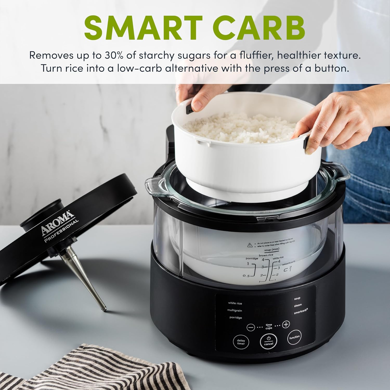 AROMA® Professional 8-Cup SmartCarb® Multicooker & Flavor-Lock Food Steamer for Low-Carb Rice, Grains & More – Glass Inner Pot, Black