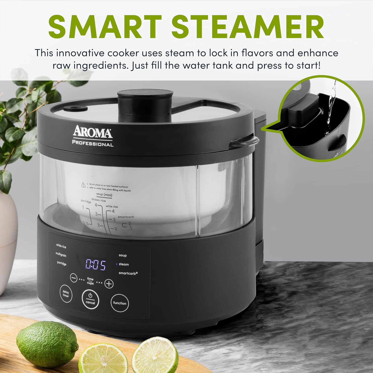 AROMA® Professional 8-Cup SmartCarb® Multicooker & Flavor-Lock Food Steamer for Low-Carb Rice, Grains & More – Glass Inner Pot, Black