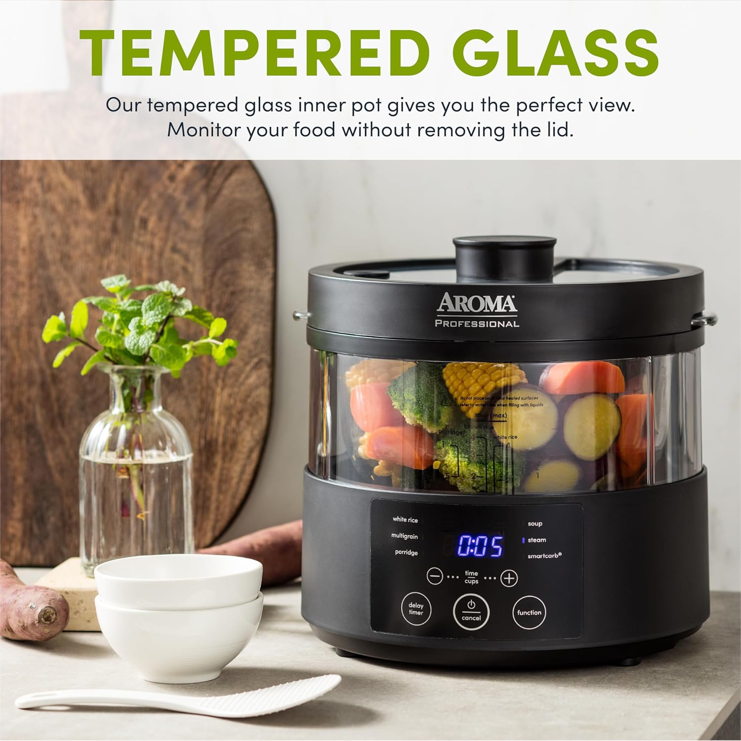 AROMA® Professional 8-Cup SmartCarb® Multicooker & Flavor-Lock Food Steamer for Low-Carb Rice, Grains & More – Glass Inner Pot, Black