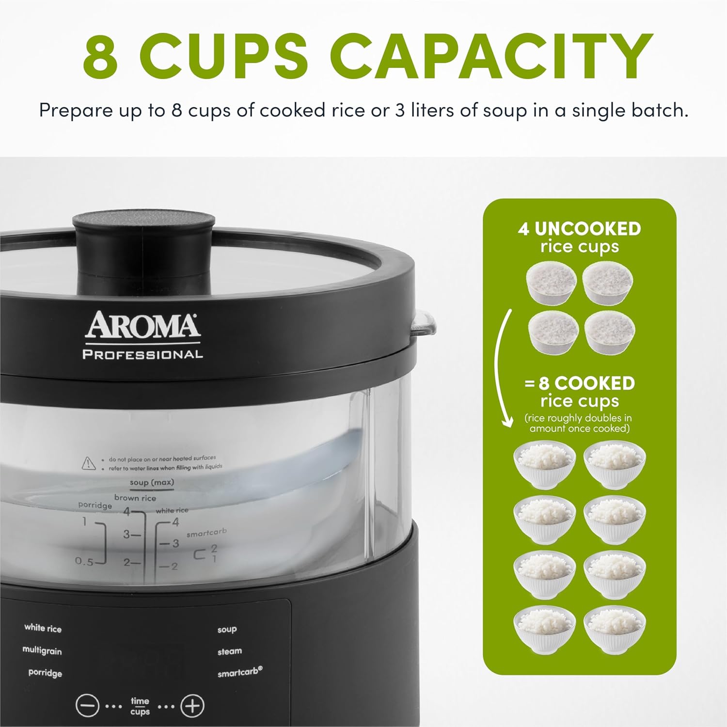 AROMA® Professional 8-Cup SmartCarb® Multicooker & Flavor-Lock Food Steamer for Low-Carb Rice, Grains & More – Glass Inner Pot, Black