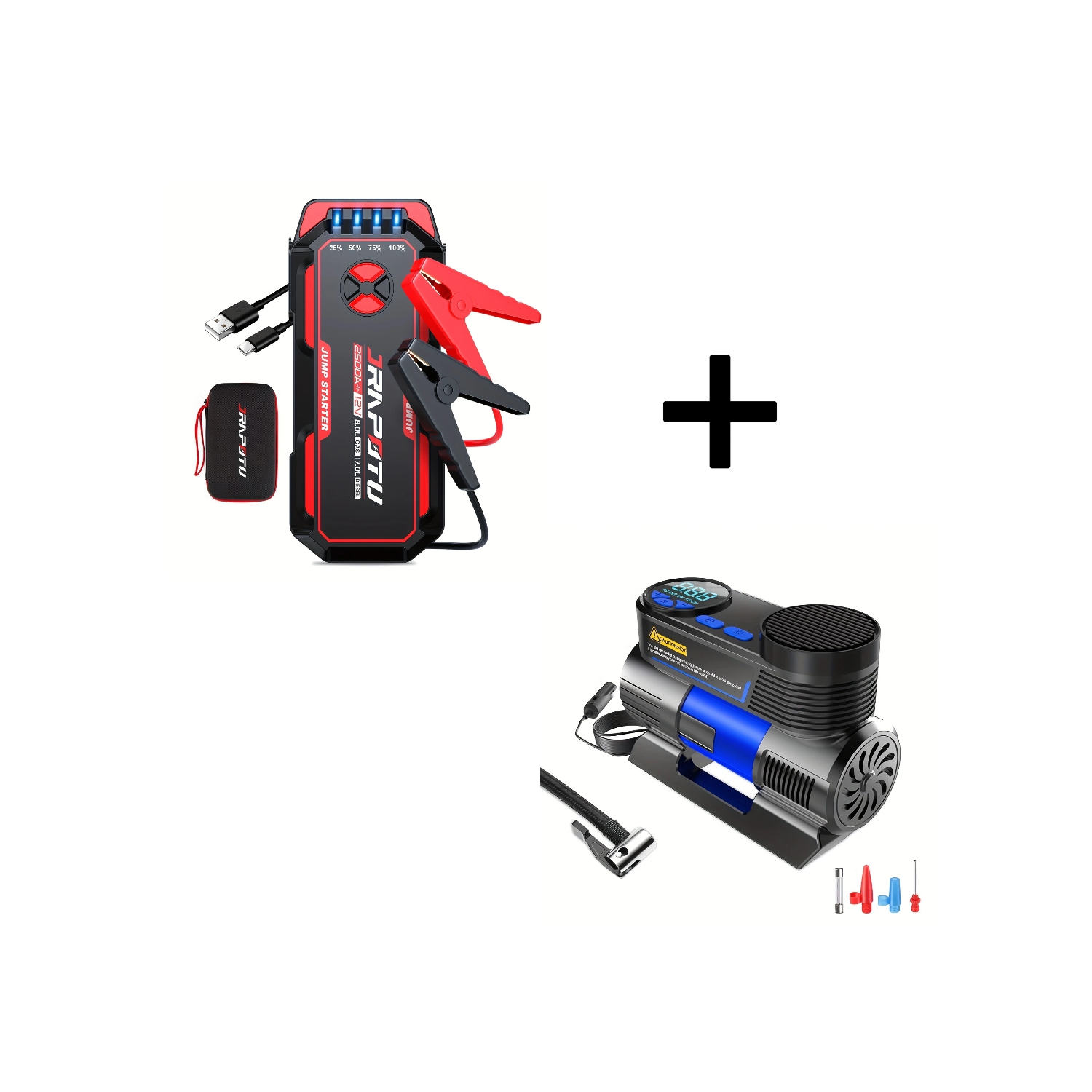 2500A Portable Car Jump Starter & 12V Tire Inflator Air Compressor with LED Light, Digital Pressure Display