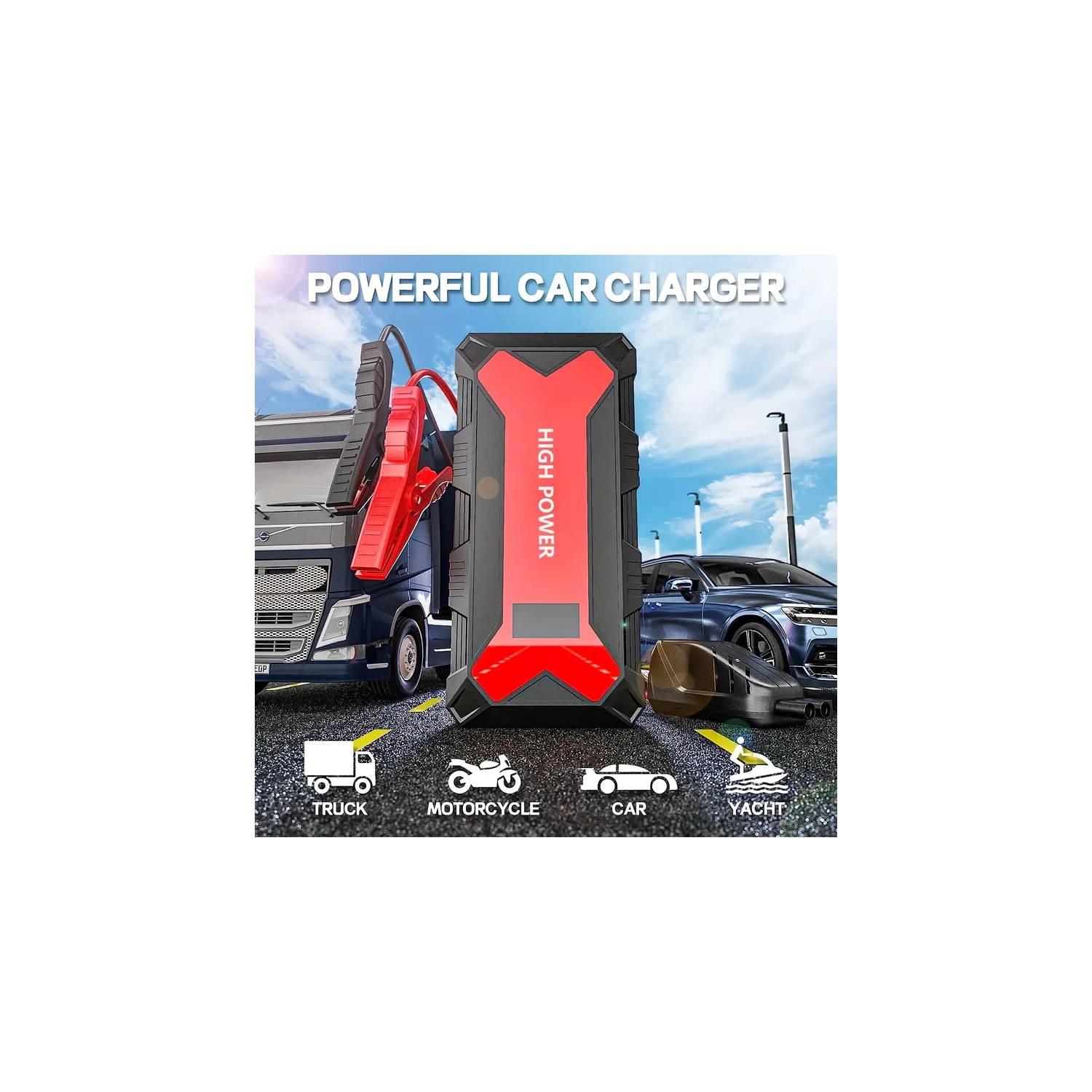 20000mAh Portable Car Battery Starter & Tire Inflator Air Compressor with Digital Display, USB Outputs, LED Lights, and Smart Safety Features