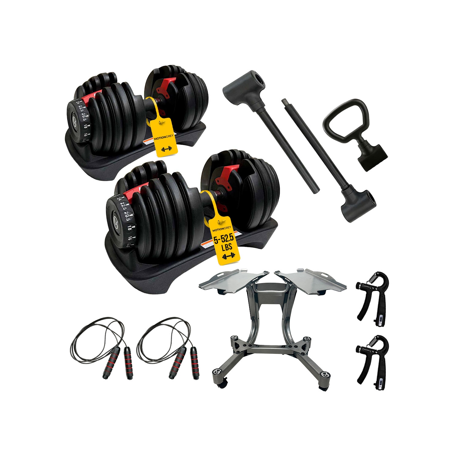 Haltères réglables MotionGrey 5-52.5 LB avec poignée et convertisseur haute résistance - Support pour haltères, accessoire pour haltères, corde à