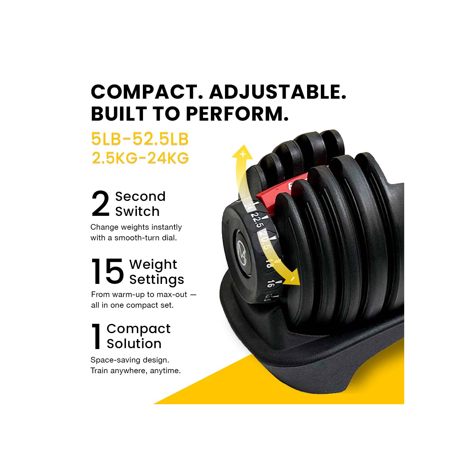 Haltères réglables MotionGrey 5-52.5 LB avec poignée et convertisseur haute résistance - Support pour haltères, accessoire pour haltères, corde à