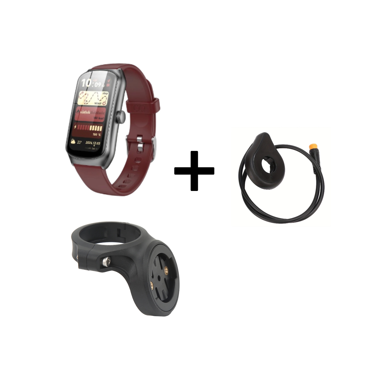 Montre intelligente rouge, support pour feu arrière de vélo et capteur de pédale de vélo électrique