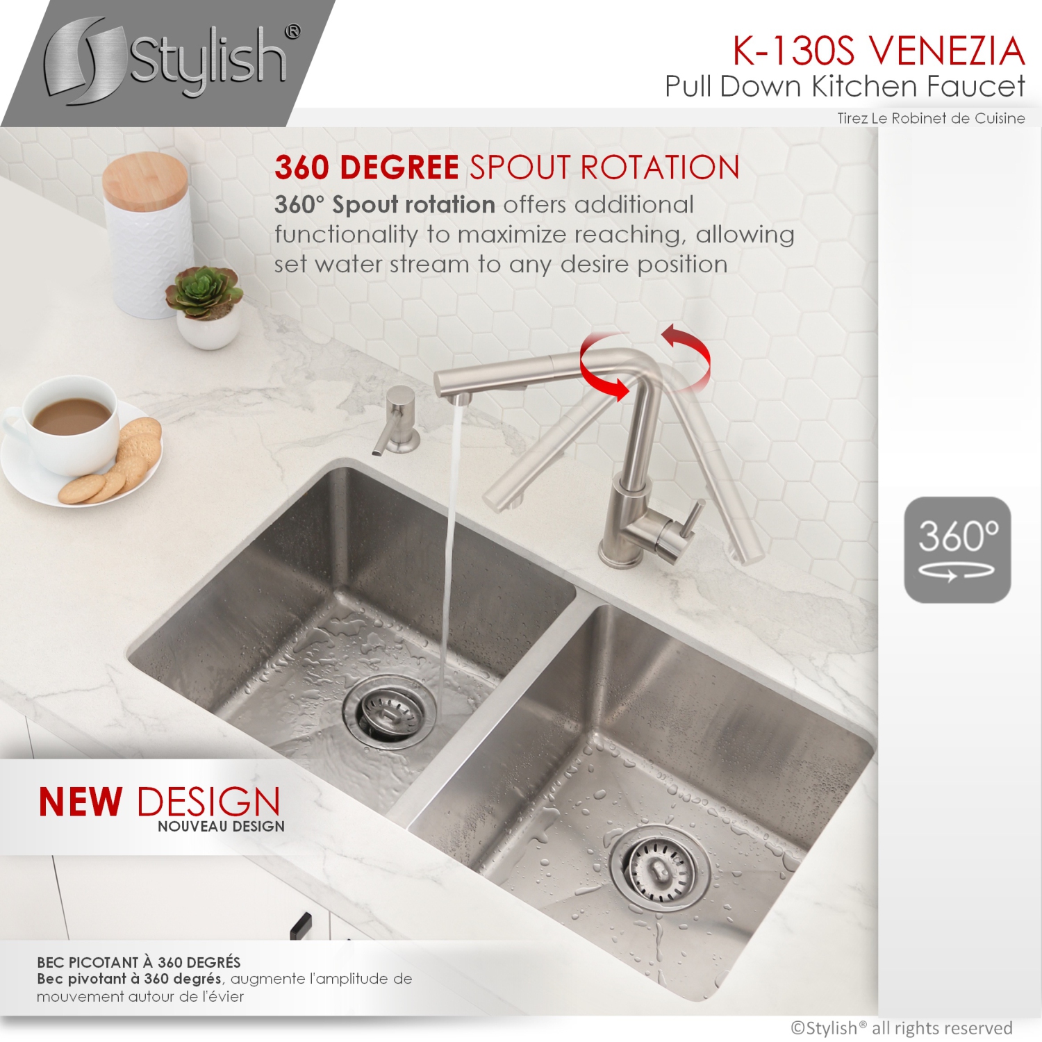 STYLISH Kitchen Sink Faucet Single Handle Pull Down Dual Mode Stainless Steel, Brushed Finish K-130S