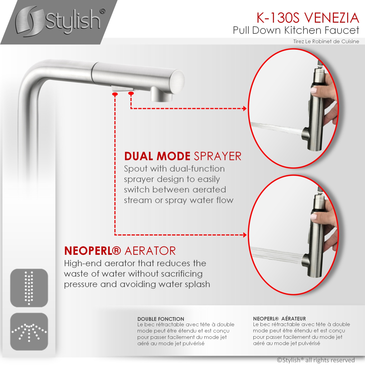 STYLISH Kitchen Sink Faucet Single Handle Pull Down Dual Mode Stainless Steel, Brushed Finish K-130S