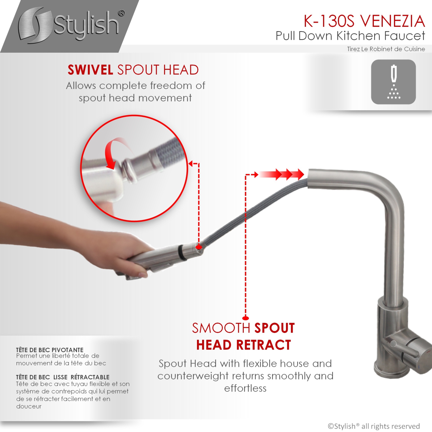 STYLISH Kitchen Sink Faucet Single Handle Pull Down Dual Mode Stainless Steel, Brushed Finish K-130S