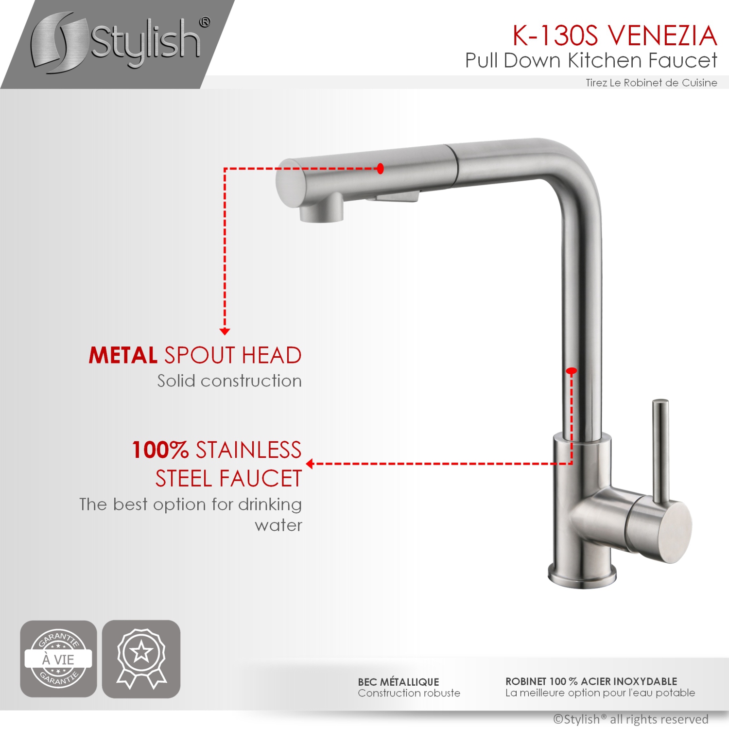 STYLISH Kitchen Sink Faucet Single Handle Pull Down Dual Mode Stainless Steel, Brushed Finish K-130S