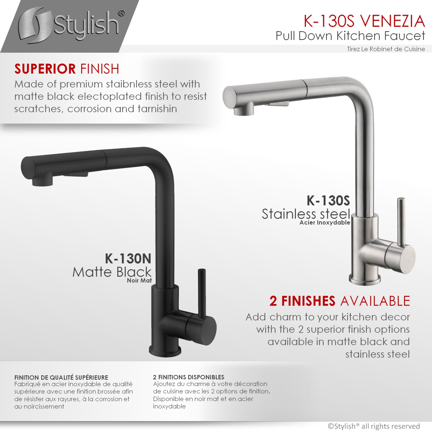 STYLISH Kitchen Sink Faucet Single Handle Pull Down Dual Mode Stainless Steel, Brushed Finish K-130S