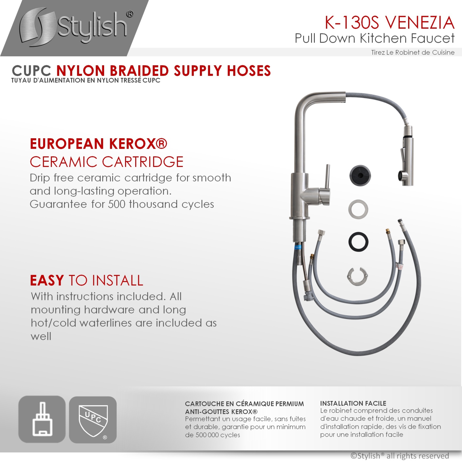 STYLISH Kitchen Sink Faucet Single Handle Pull Down Dual Mode Stainless Steel, Brushed Finish K-130S