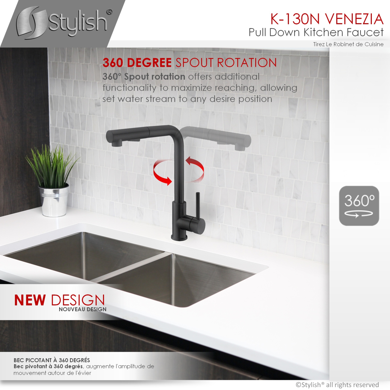 STYLISH Kitchen Sink Faucet Single Handle Pull Down Dual Mode Stainless Steel, Matte Black Finish K-130N
