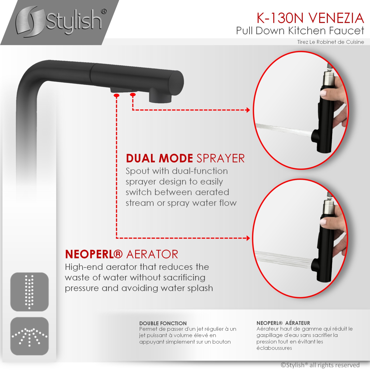 STYLISH Kitchen Sink Faucet Single Handle Pull Down Dual Mode Stainless Steel, Matte Black Finish K-130N