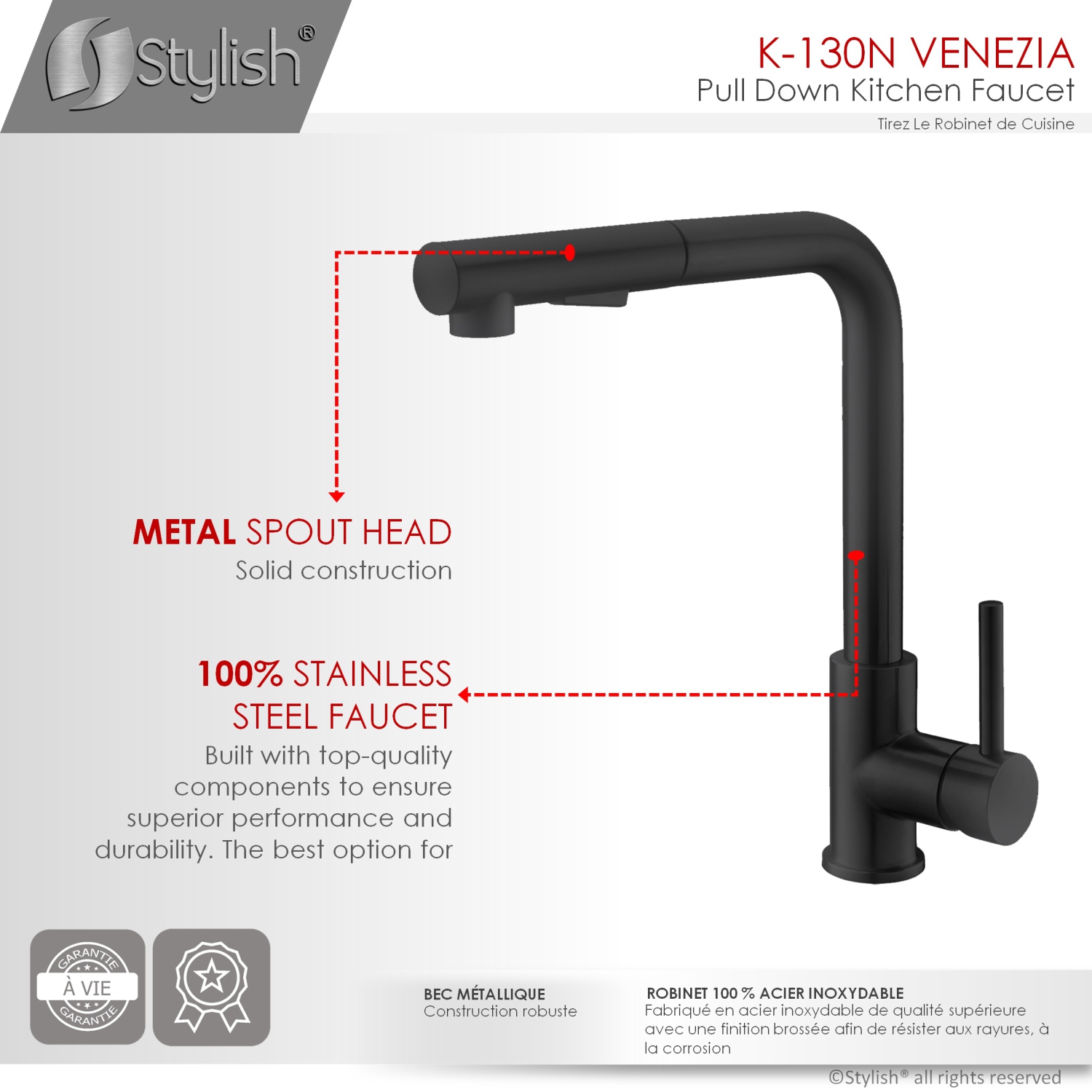 STYLISH Kitchen Sink Faucet Single Handle Pull Down Dual Mode Stainless Steel, Matte Black Finish K-130N