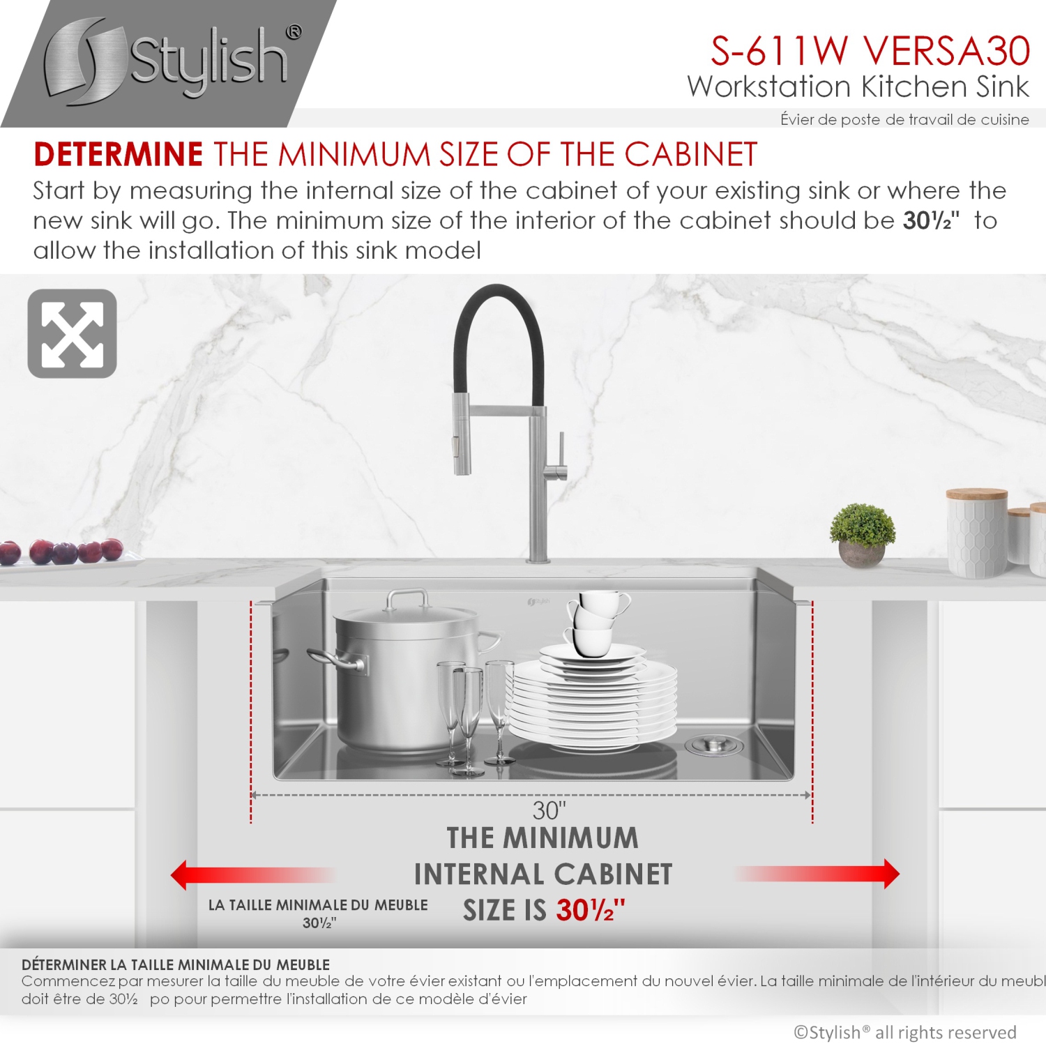STYLISH 30 inch Workstation Single Bowl Undermount 16 Gauge Stainless Steel Kitchen Sink w/ Built in Accessories