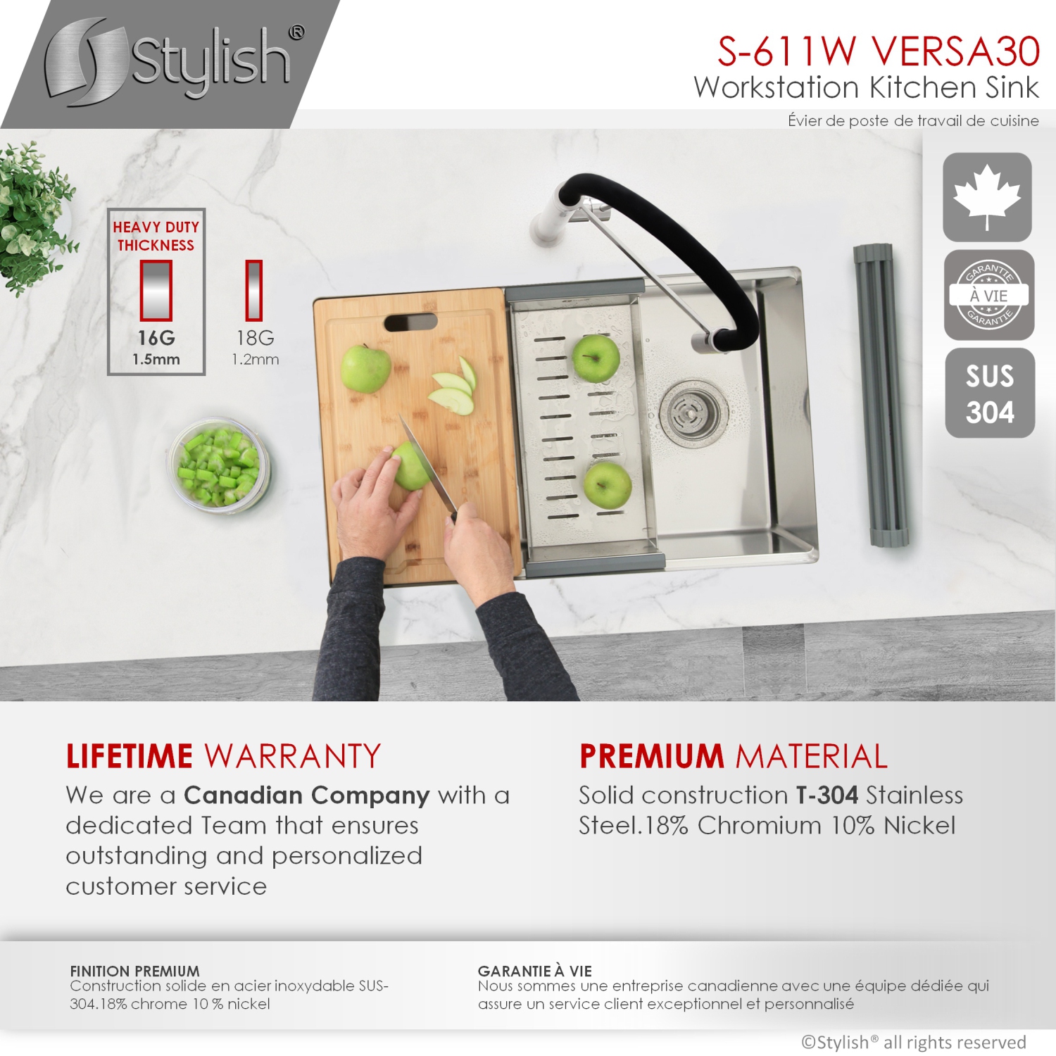 STYLISH 30 inch Workstation Single Bowl Undermount 16 Gauge Stainless Steel Kitchen Sink w/ Built in Accessories