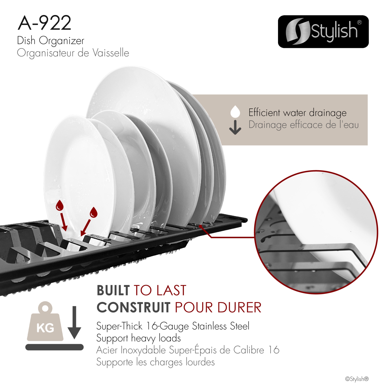 STYLISH 16 3/4" Over Sink Stainless Steel Dish Organizer in Graphite Black