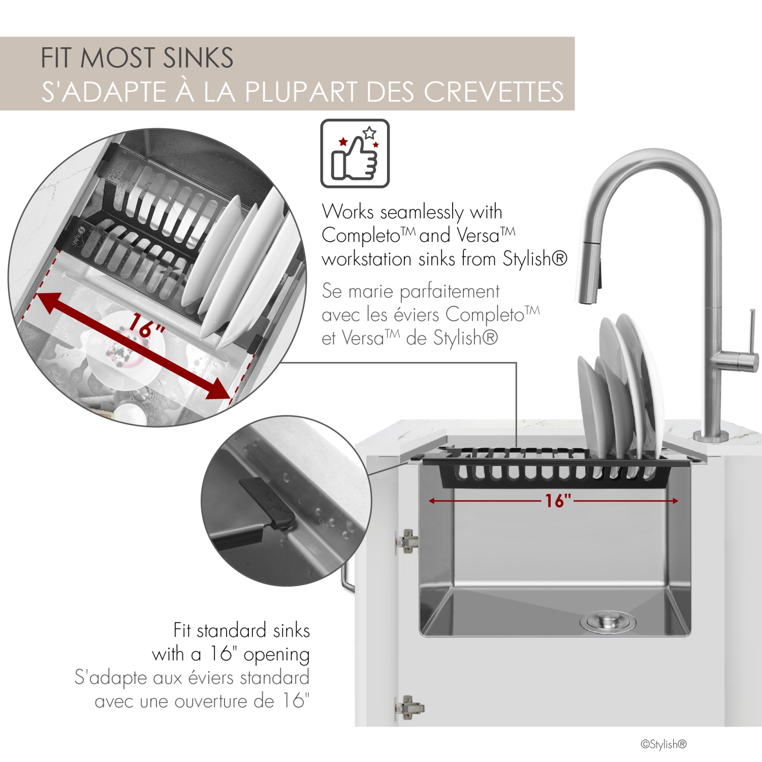 STYLISH 16 3/4" Over Sink Stainless Steel Dish Organizer in Graphite Black