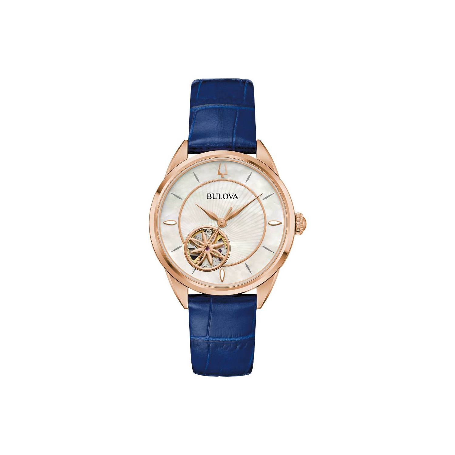 Bulova Ladies Sutton Automatic Watch 34.5mm Rose Gold-Tone Stainless Steel Case Navy Leather Strap with White Mother-of-Pearl Dial