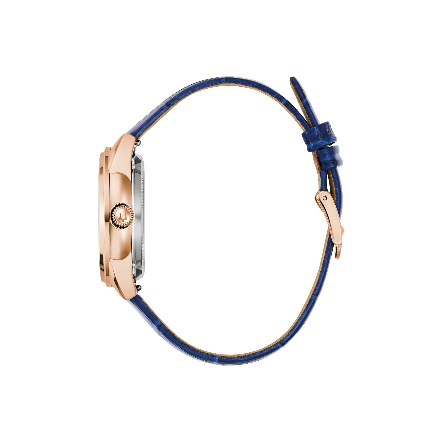 Bulova Ladies Sutton Automatic Watch 34.5mm Rose Gold-Tone Stainless Steel Case Navy Leather Strap with White Mother-of-Pearl Dial