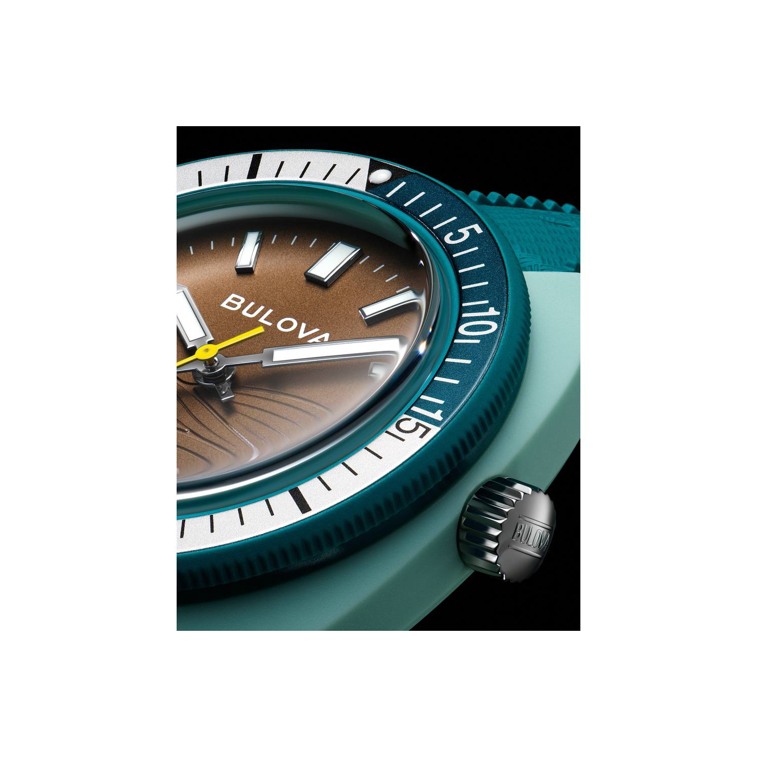 Bulova Mens Snorkel Quartz Watch 41mm Green Hybrid-Ceramic Case Green HNBR Rubber Strap with Brown Dial