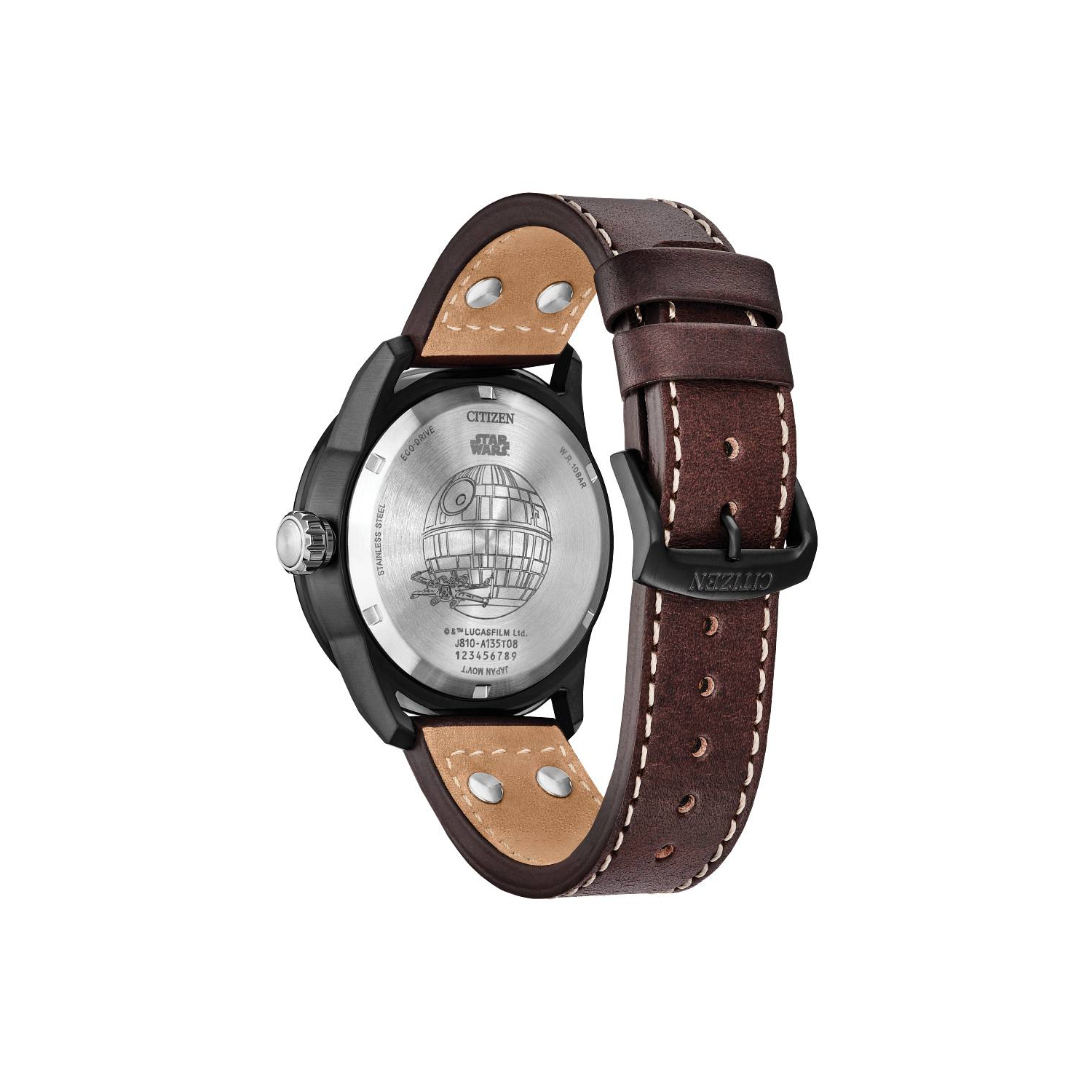 Star Wars Mens Tie Fighter and X Wing Eco-Drive Watch 45mm Black Stainless Steel Case Brown Leather Strap with Black Dial