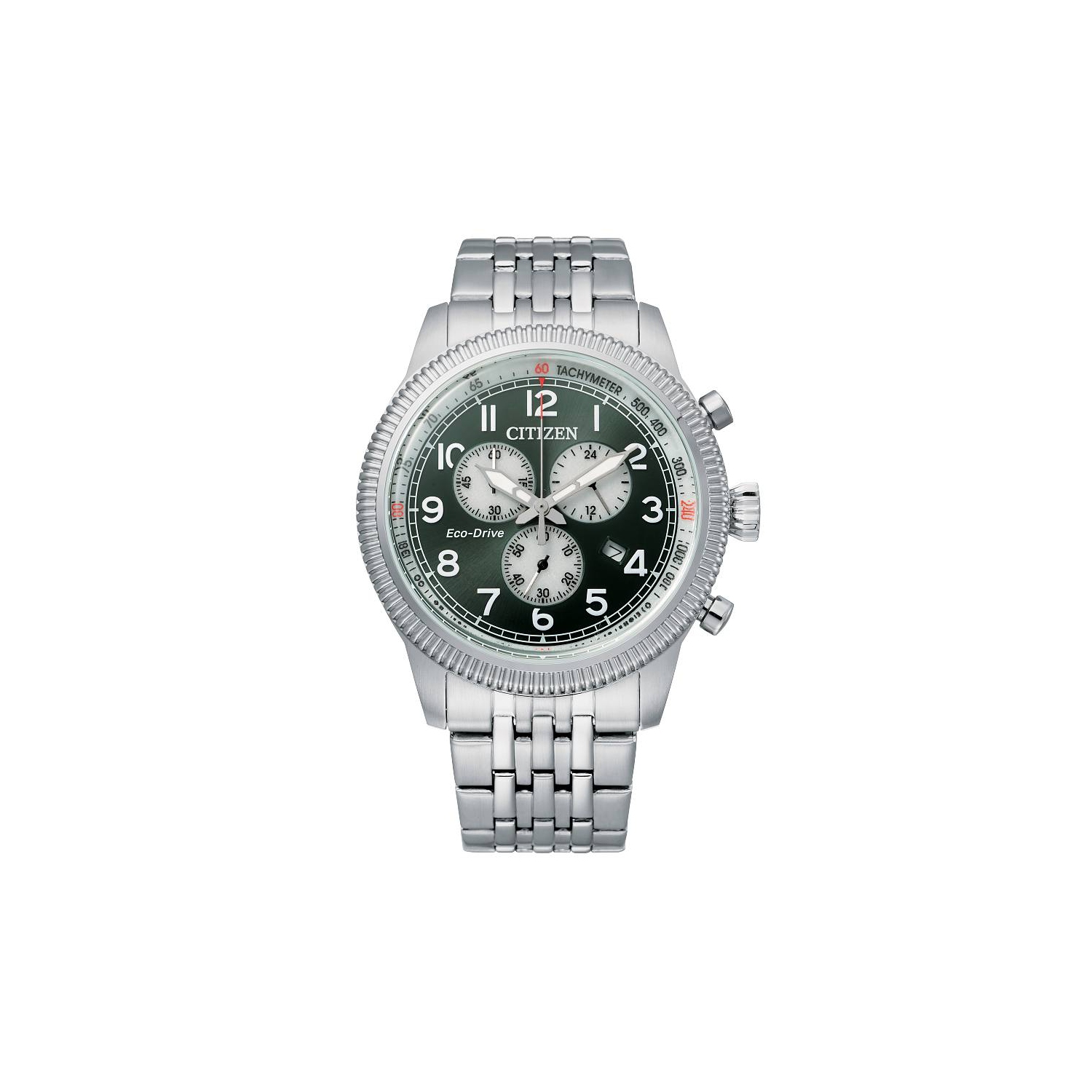 Montre sport décontractée pour hommes Eco-Drive 42&nbsp;mm de Citizen boîtier et bracelet en inox argenté et cadran vert