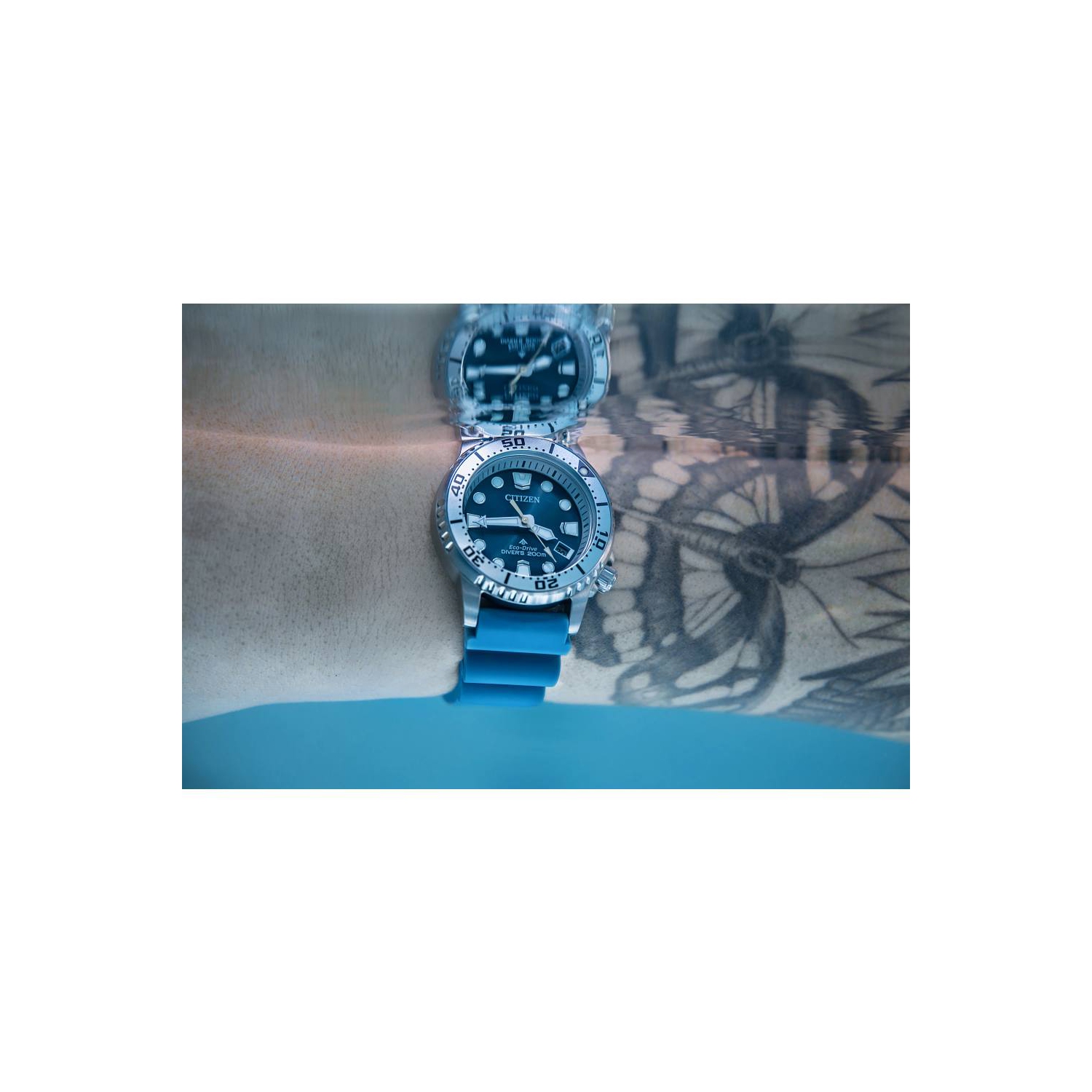 Montre pour femmes Promaster Dive Eco-Drive 36,5&nbsp;mm boîtier inox argenté bracelet polyuréthane bleu clair/cadran bleu de Citizen