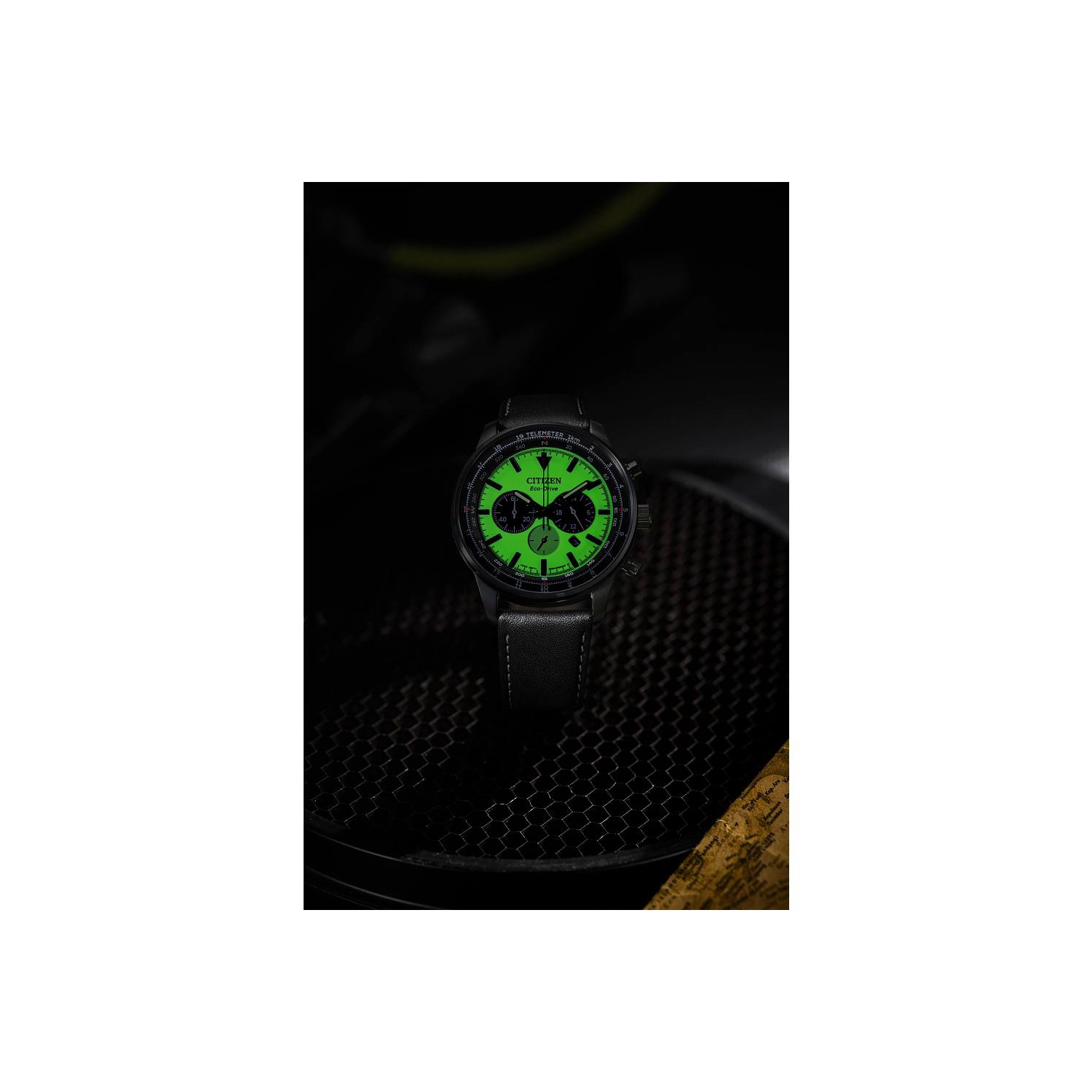 Montre sport sport décontractée Eco-Drive pour hommes de Citizen 44&nbsp;mm avec boîtier inox noir bracelet cuir noir et cadran vert