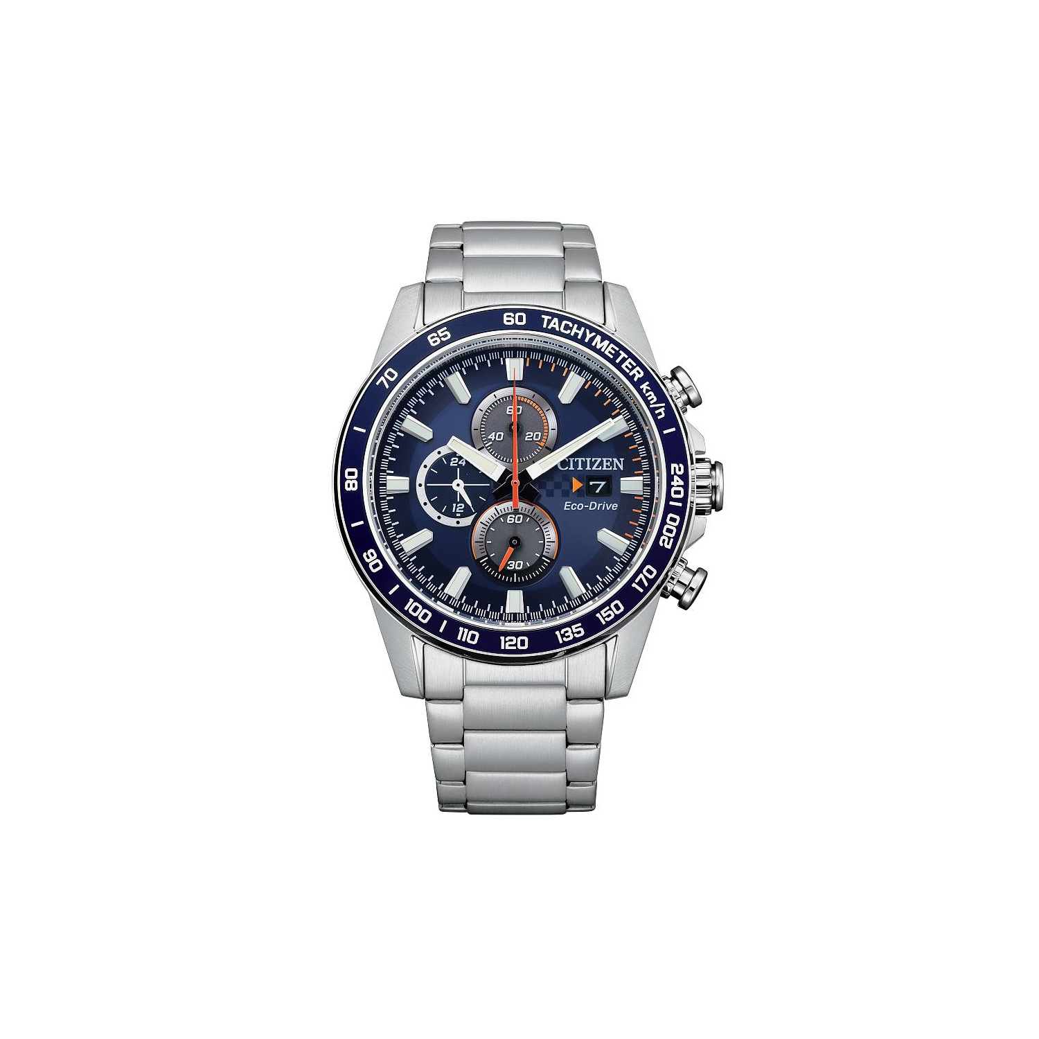 Montre pour hommes Eco-Drive 44&nbsp;mm de Citizen avec boîtier et bracelet en acier inoxydable argenté et cadran bleu