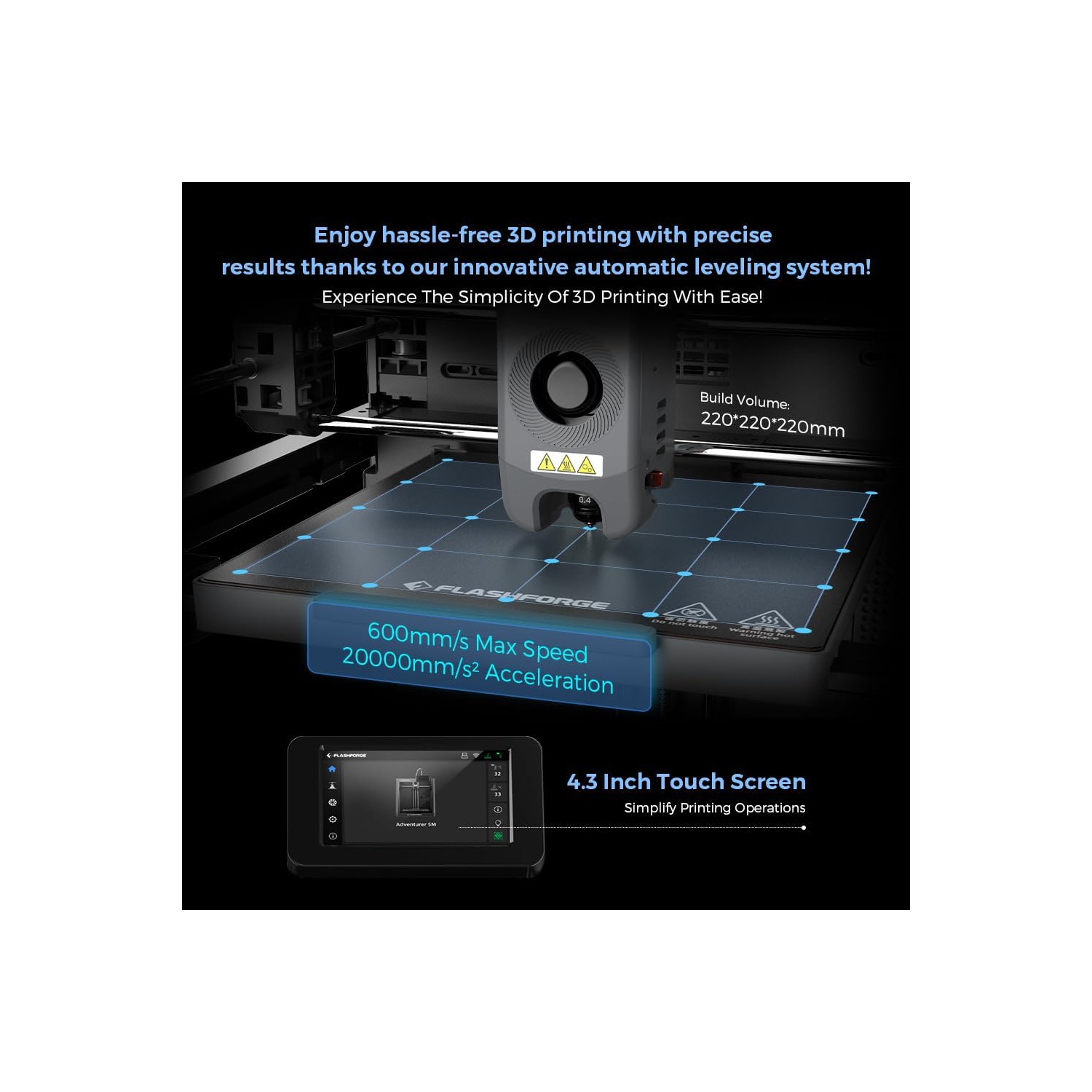 Imprimante 3D Adventurer 5&nbsp;M de Flashforge avec écran et port 600&nbsp;mm/s haute vitesse