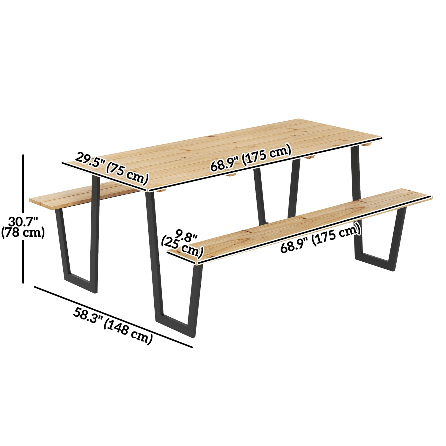 Outsunny Outdoor Picnic Table Bench Set with 2" Umbrella Hole, 5.7 FT Picnic Dining Table and 794 LBS Benches with Spruce Wood Tabletop and Steel