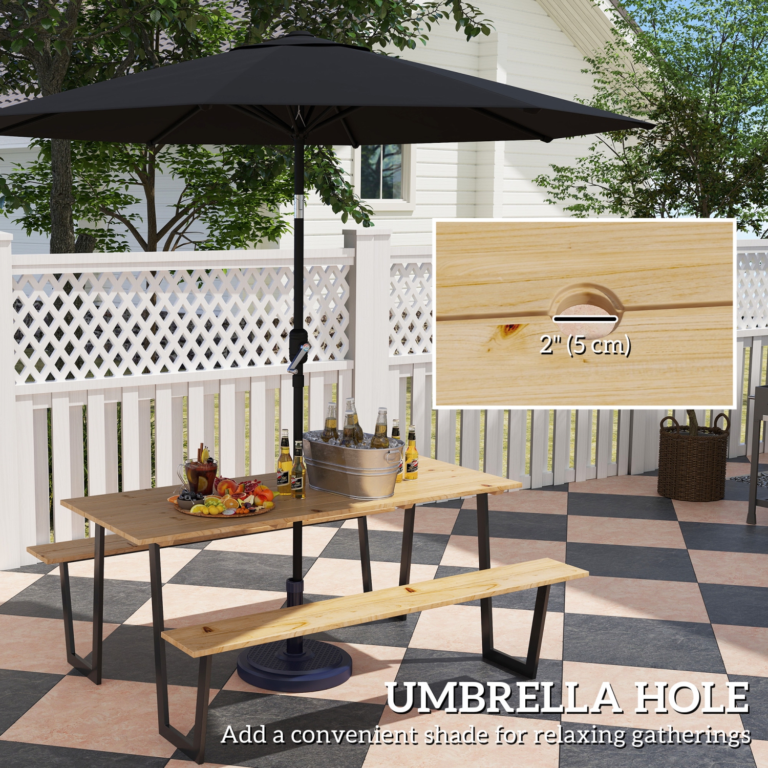 Outsunny Outdoor Picnic Table Bench Set with 2" Umbrella Hole, 5.7 FT Picnic Dining Table and 794 LBS Benches with Spruce Wood Tabletop and Steel