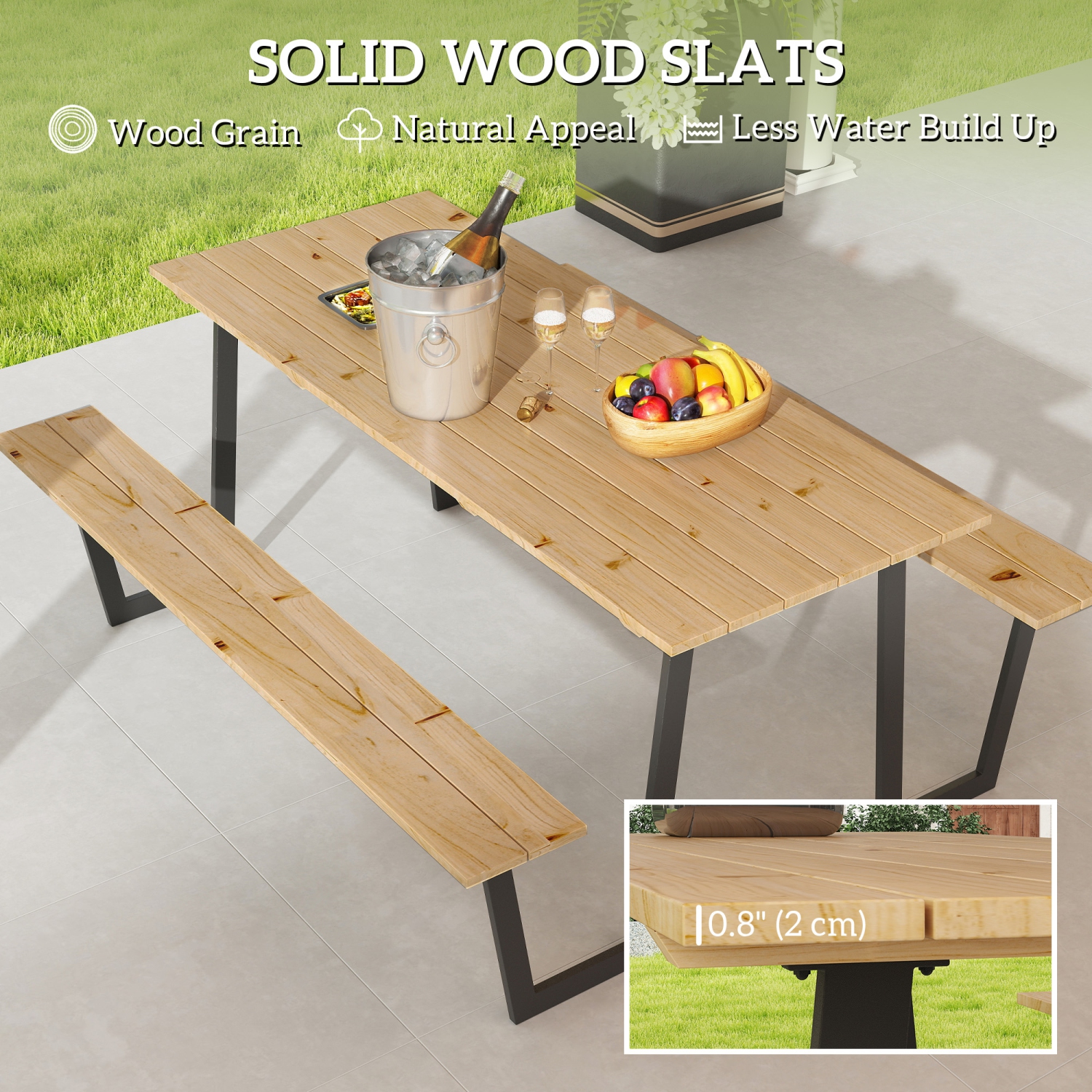 Outsunny Outdoor Picnic Table Bench Set with 2" Umbrella Hole, 5.7 FT Picnic Dining Table and 794 LBS Benches with Spruce Wood Tabletop and Steel