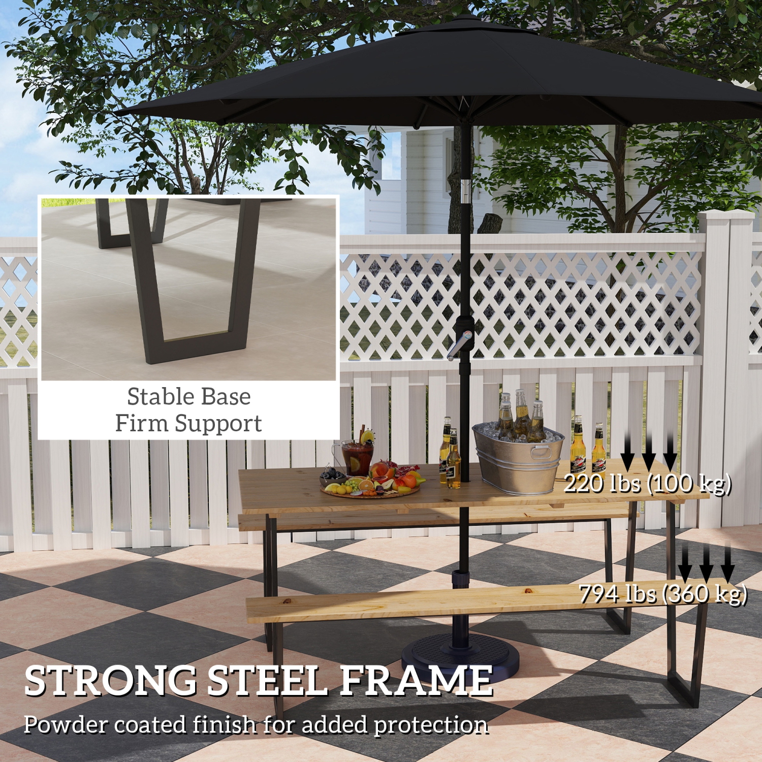Outsunny Outdoor Picnic Table Bench Set with 2" Umbrella Hole, 5.7 FT Picnic Dining Table and 794 LBS Benches with Spruce Wood Tabletop and Steel
