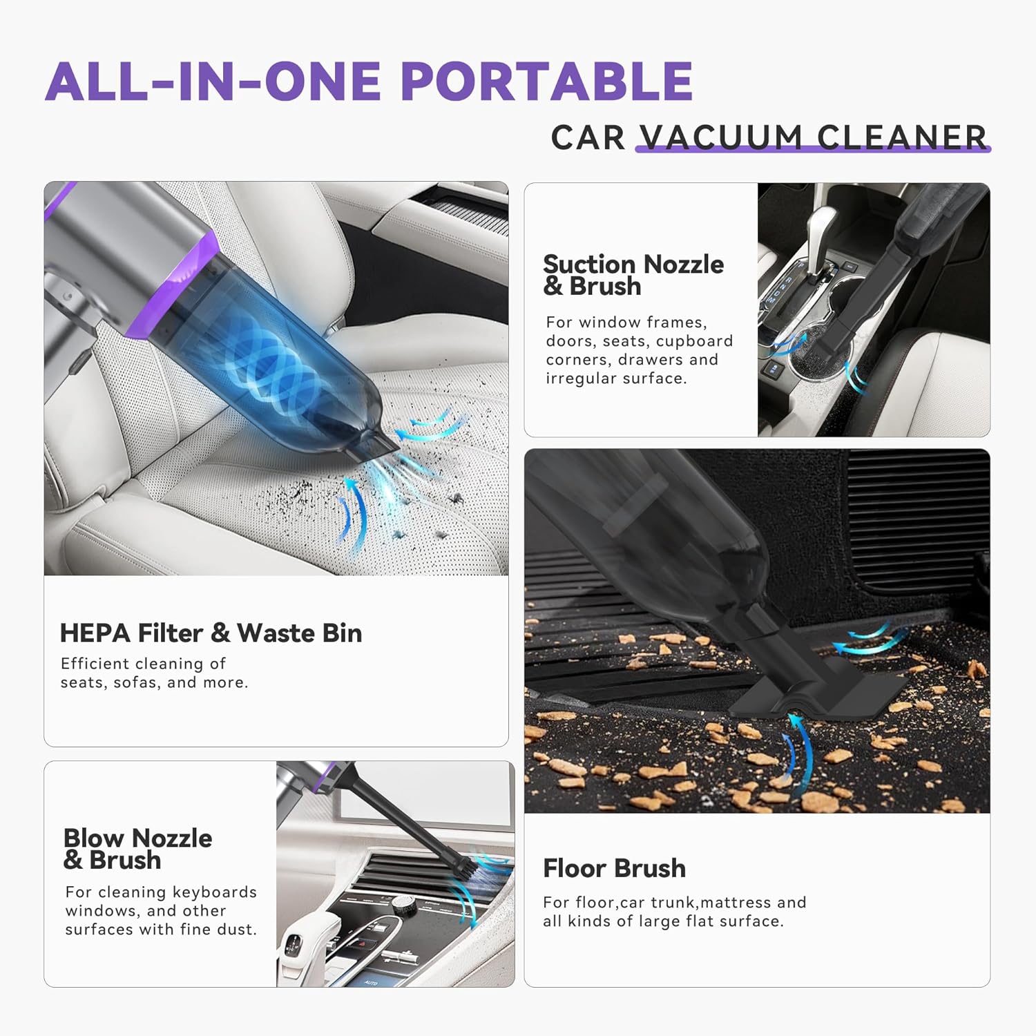 Car Vacuum Cleaner, Mini Handheld Vacuum Cleaner, Cordless Powerful Rechargeable Vacuum Cleaner for Car, Home, Office