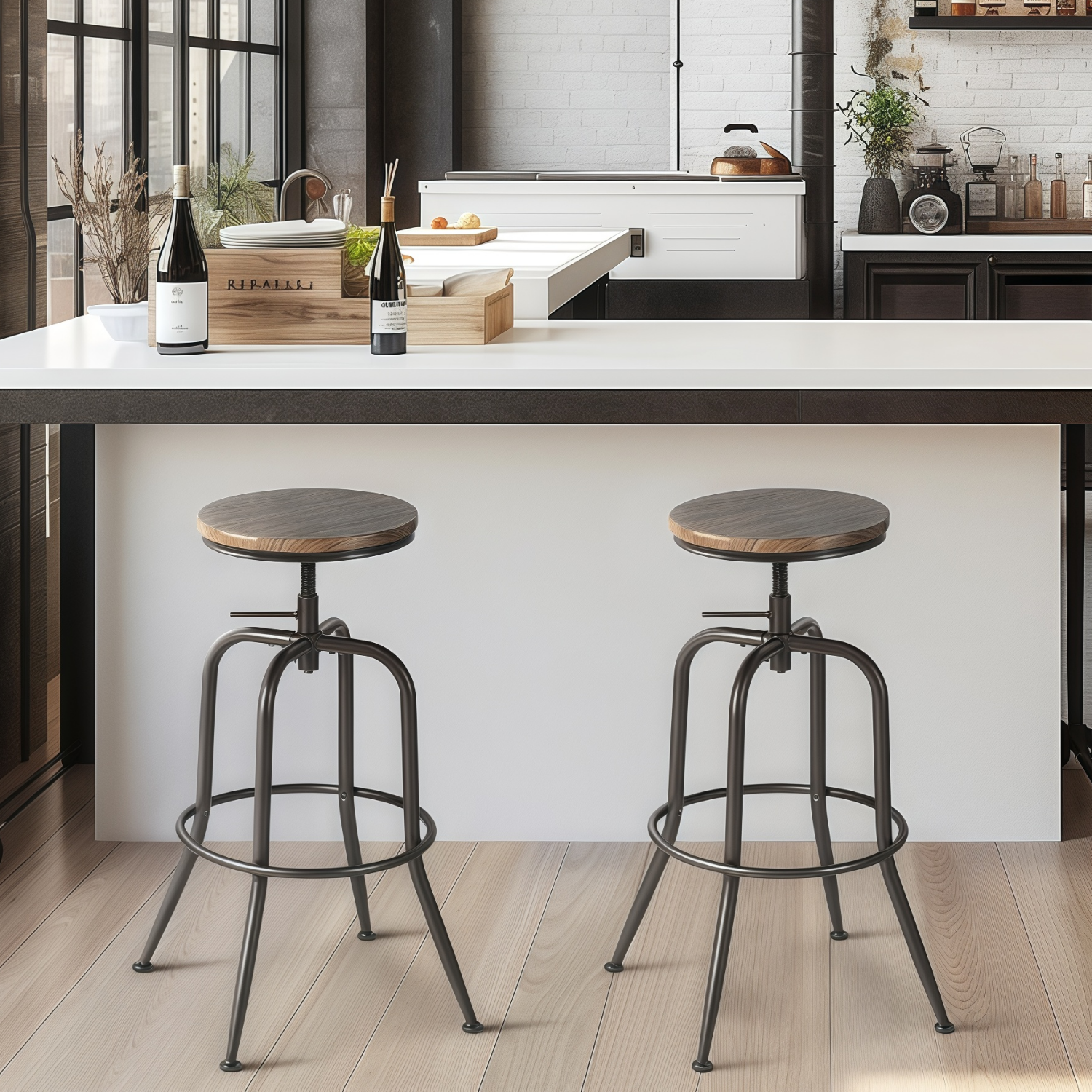 Homy Casa Set of 2 Adjustable Industrial Kitchen & Dining Room High Chairs with Wood Seat