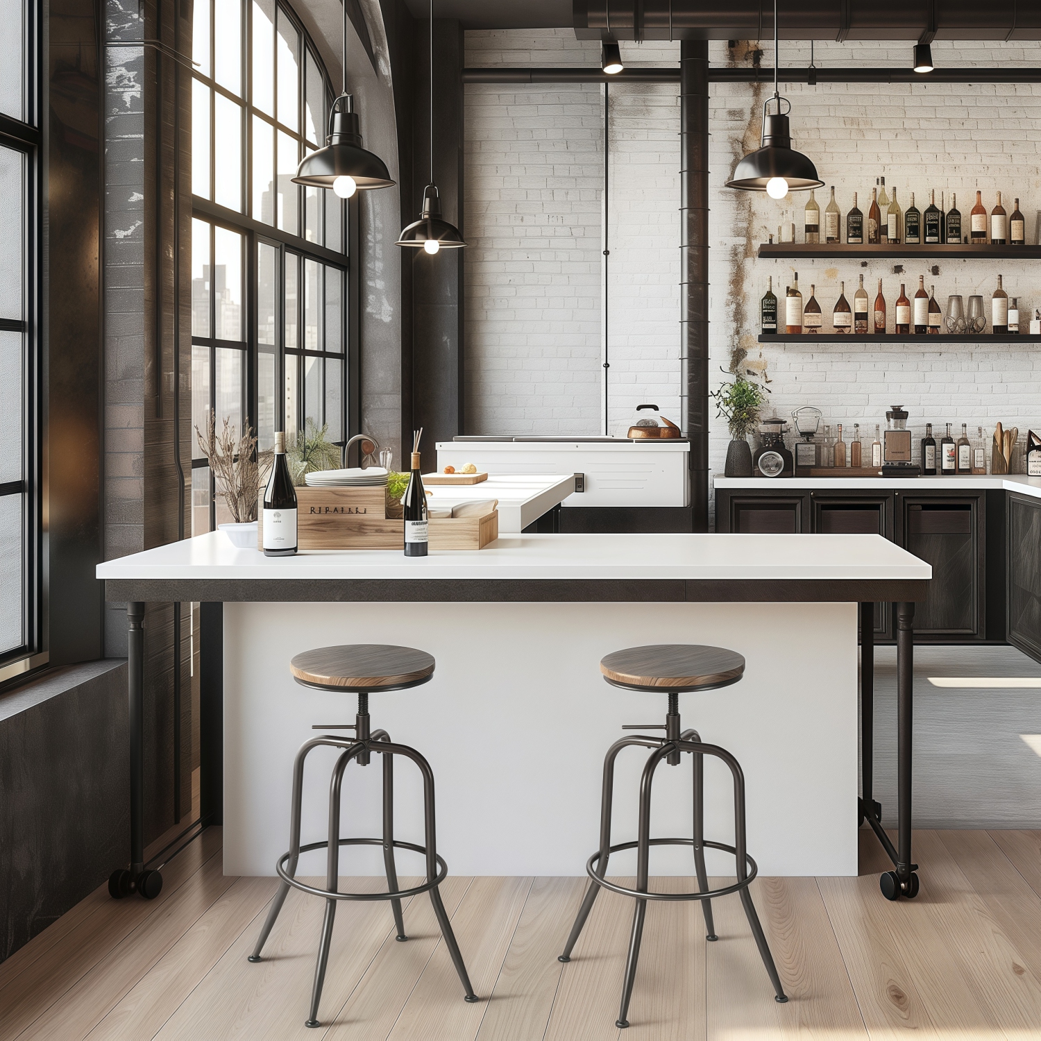 Homy Casa Set of 2 Adjustable Industrial Kitchen & Dining Room High Chairs with Wood Seat