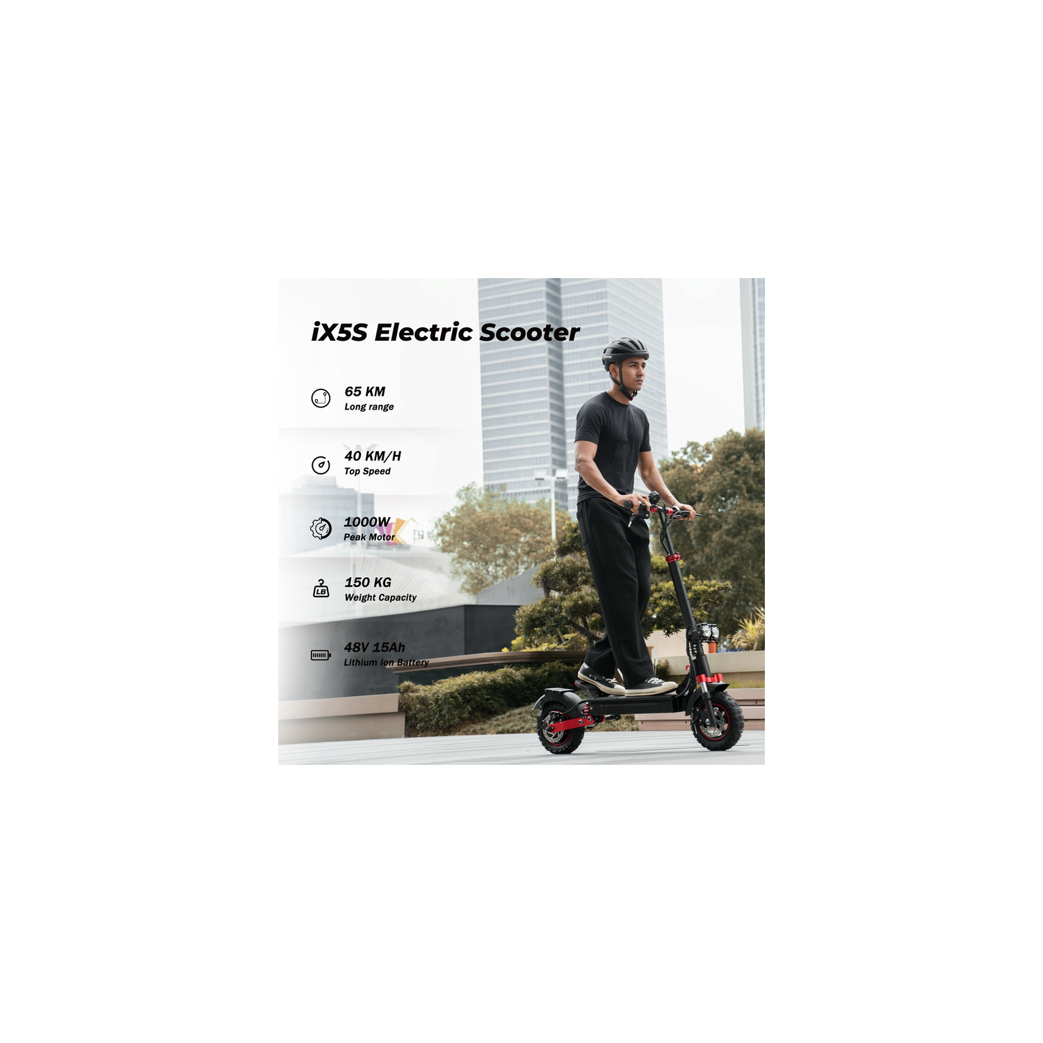 iScooter ix5s Folding Electric Scooter(1000W Motor/64KM Range/ 45KM/H Top Speed/11"Off - Road Solid Tires/Dual Suspension & Double Disc Brake/APP