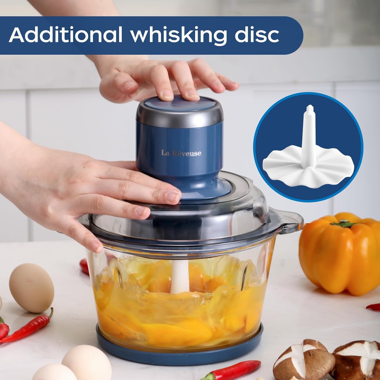 La Reveuse 7-Cup Food Processor, 300W Electric Chopper with Glass Bowl & 4 Bi-Level Blades