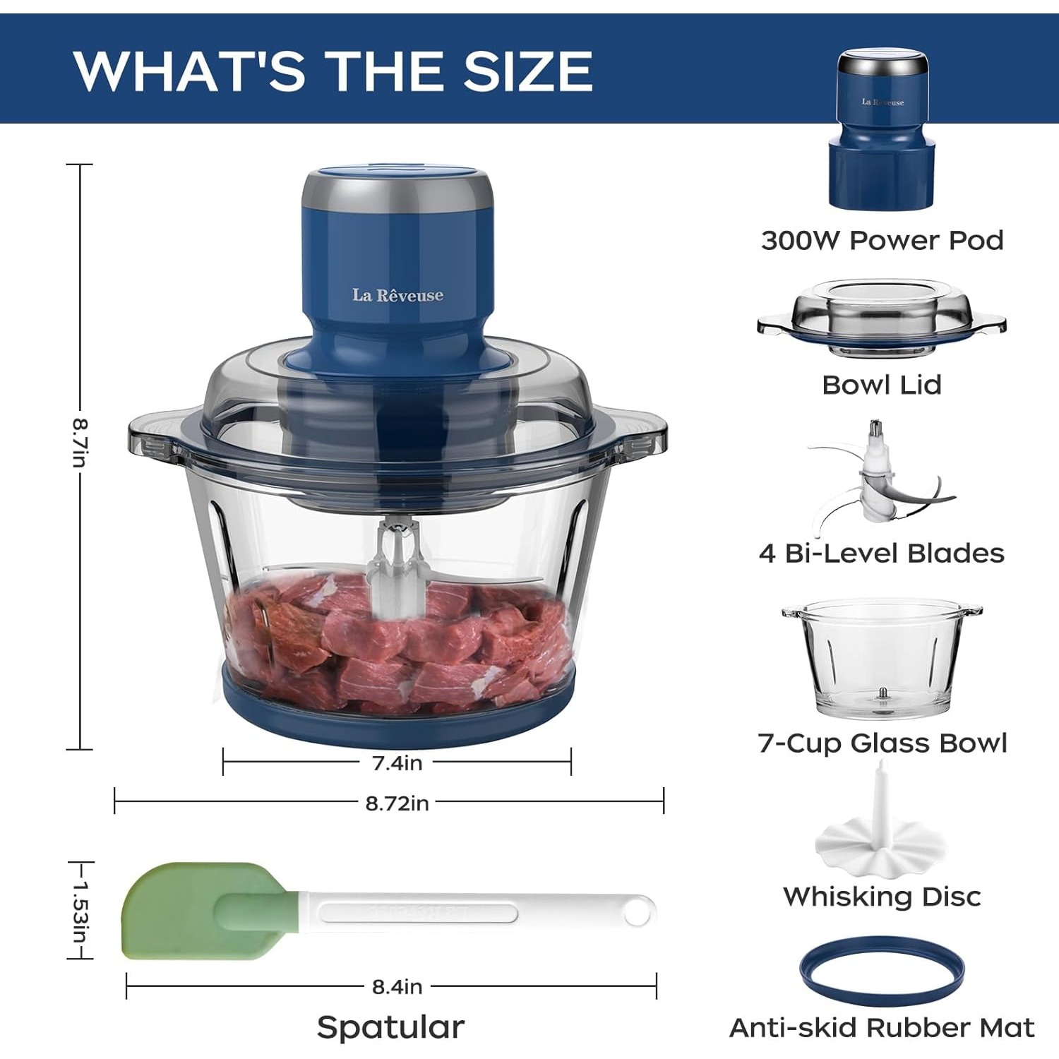 La Reveuse 7-Cup Food Processor, 300W Electric Chopper with Glass Bowl & 4 Bi-Level Blades