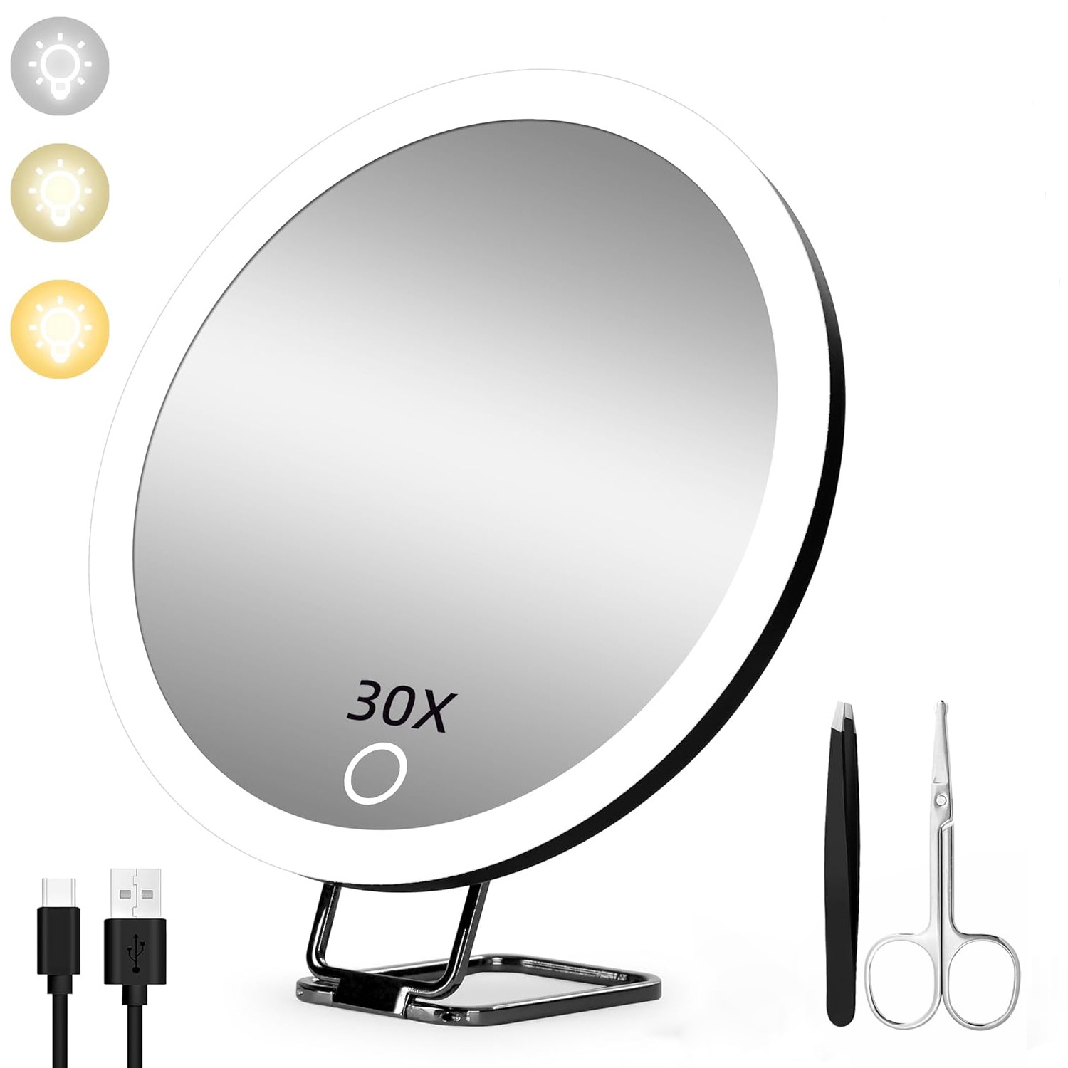 Miroir grossissant 30x avec lumière, grand miroir grossissant rechargeable de 6&nbsp;po, miroir de voyage avec support, miroir grossissant de